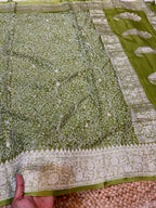 Mehendi Green 100% Pure Khaddi Georgette Silver Zari ChikanKari Handloom Saree