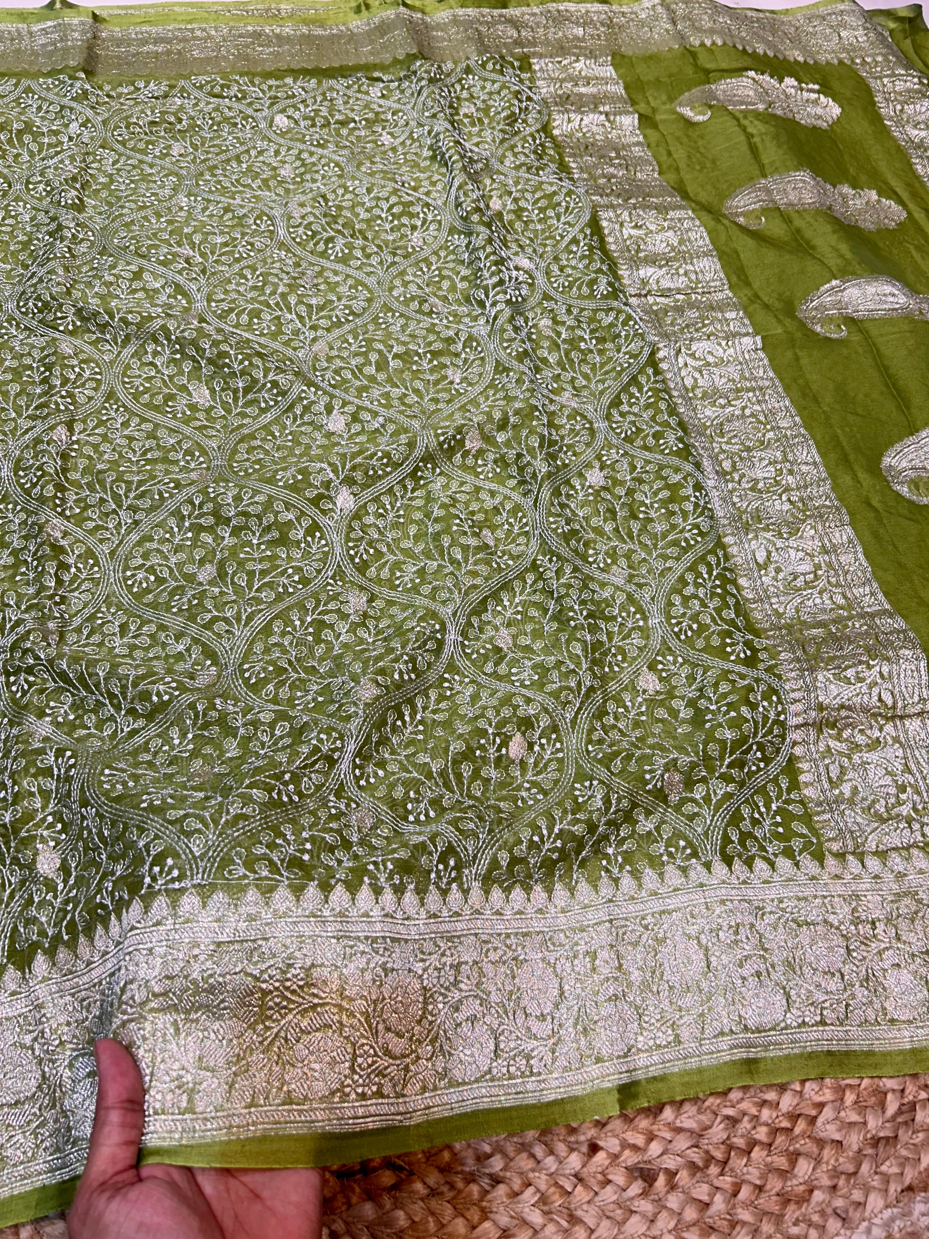 Mehendi Green 100% Pure Khaddi Georgette Silver Zari ChikanKari Handloom Saree