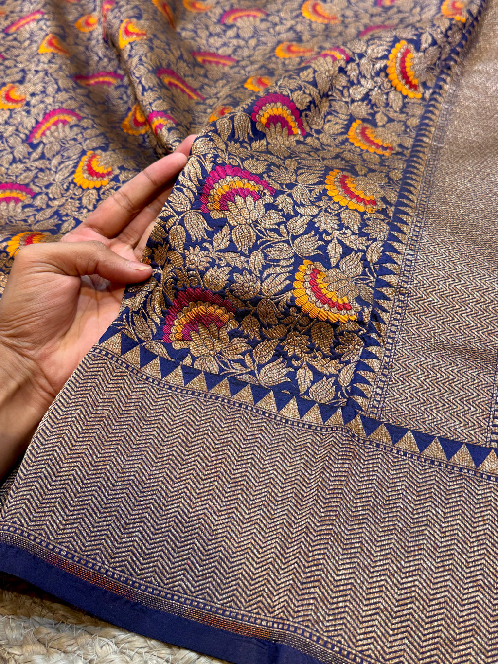 Dark Blue 100% Pure Banarasi Katan Silk Meenakari Brocade Saree