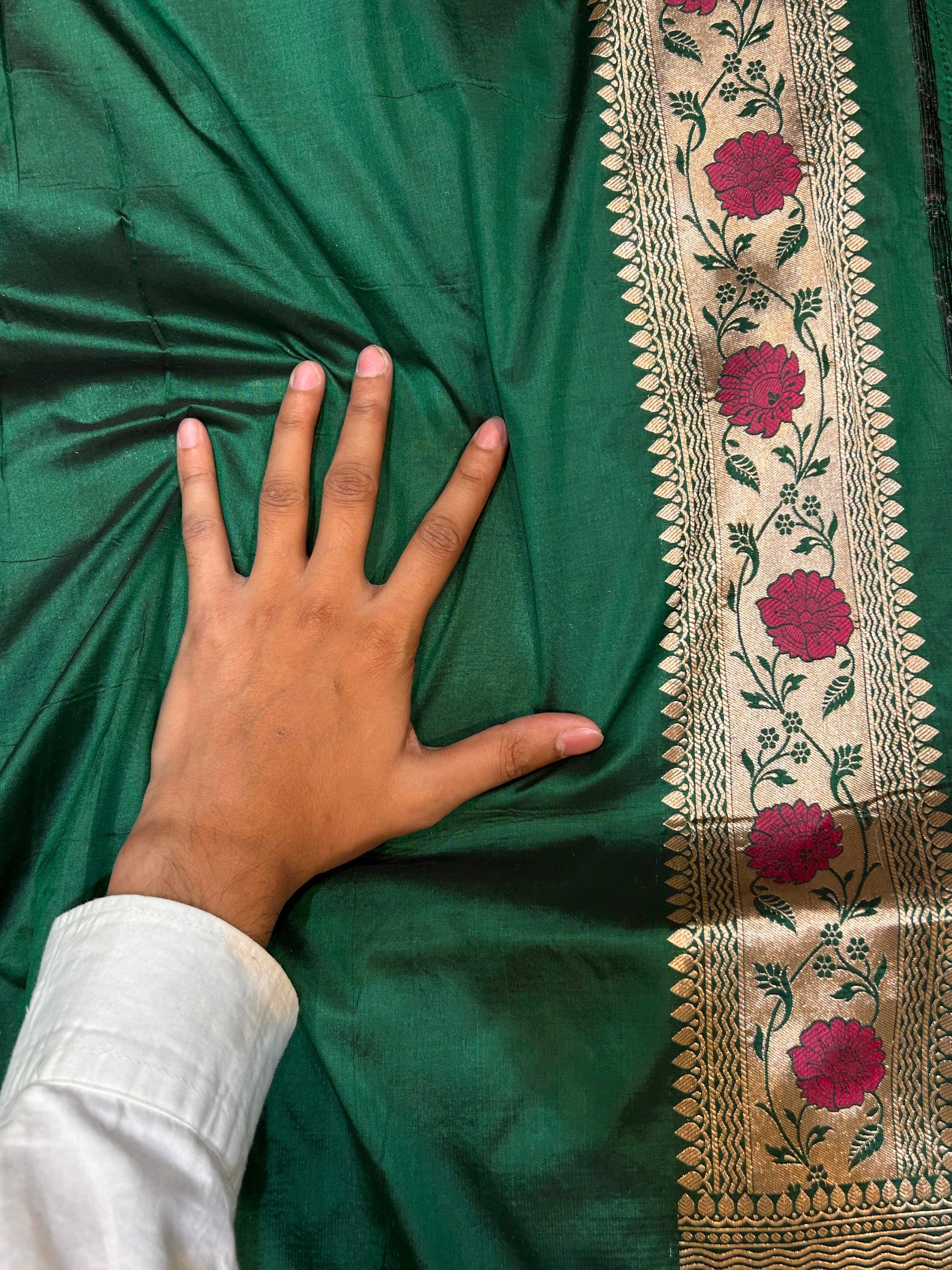 Bottle Green 100% Pure Banarasi Katan Silk Meenakari Saree