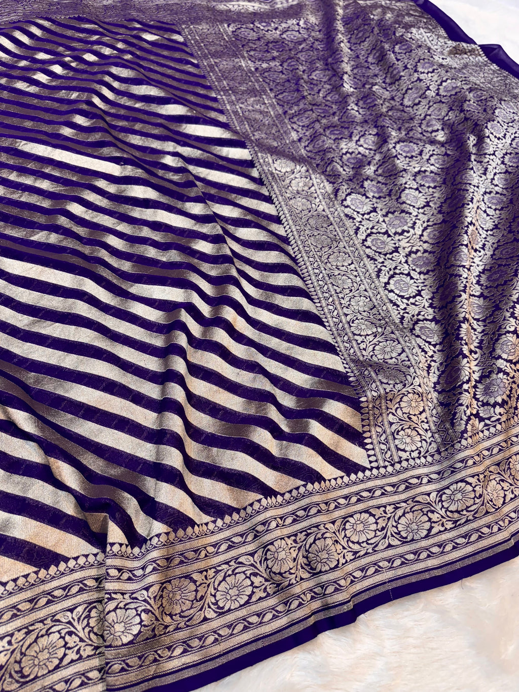 Purple 100% Pure Banarasi Khaddi Georgette Stripes Saree