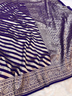 Purple 100% Pure Banarasi Khaddi Georgette Stripes Saree