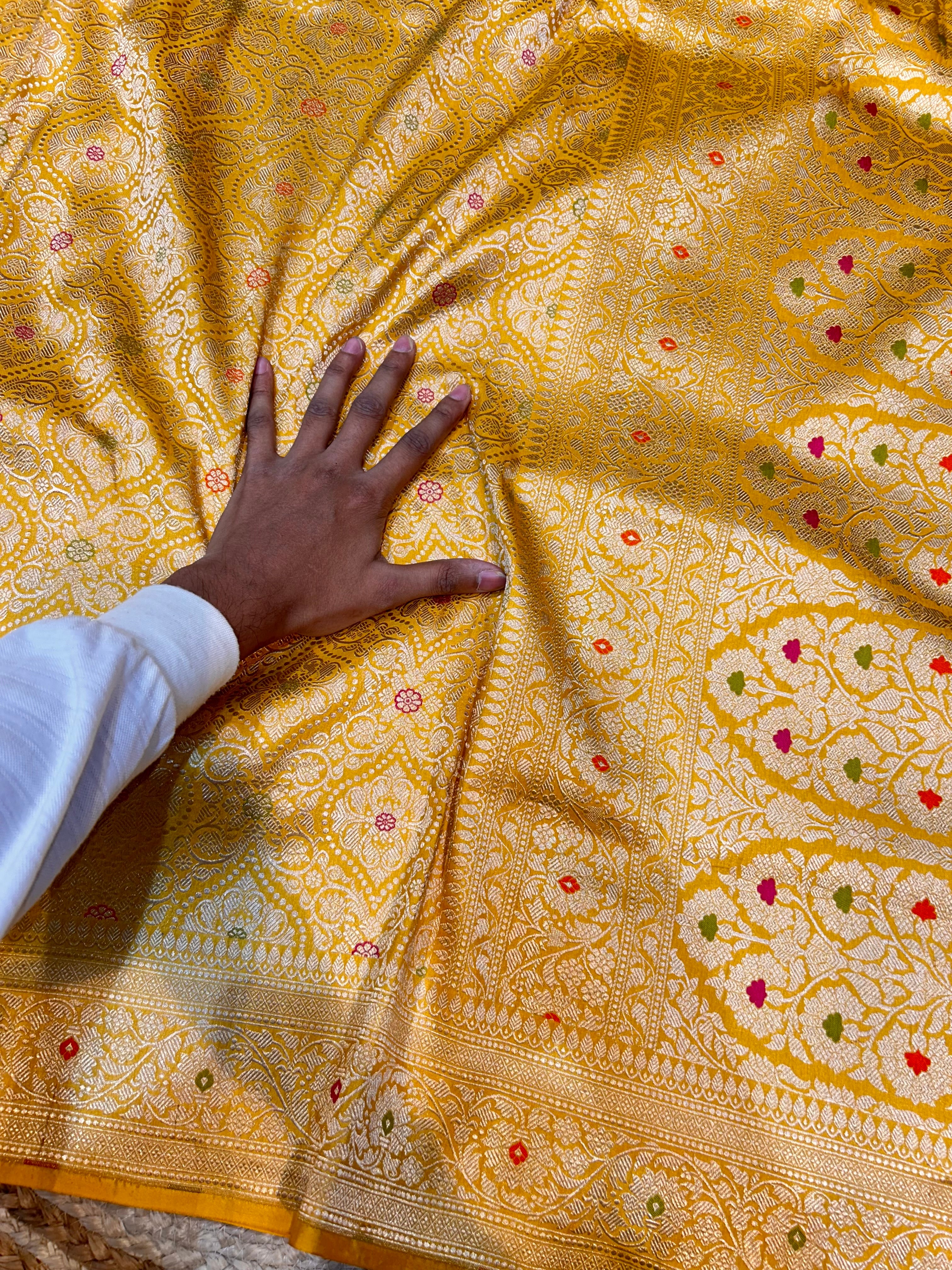 Yellow Gold 100% Pure Banarasi Katan Silk Meenakari Brocade Saree