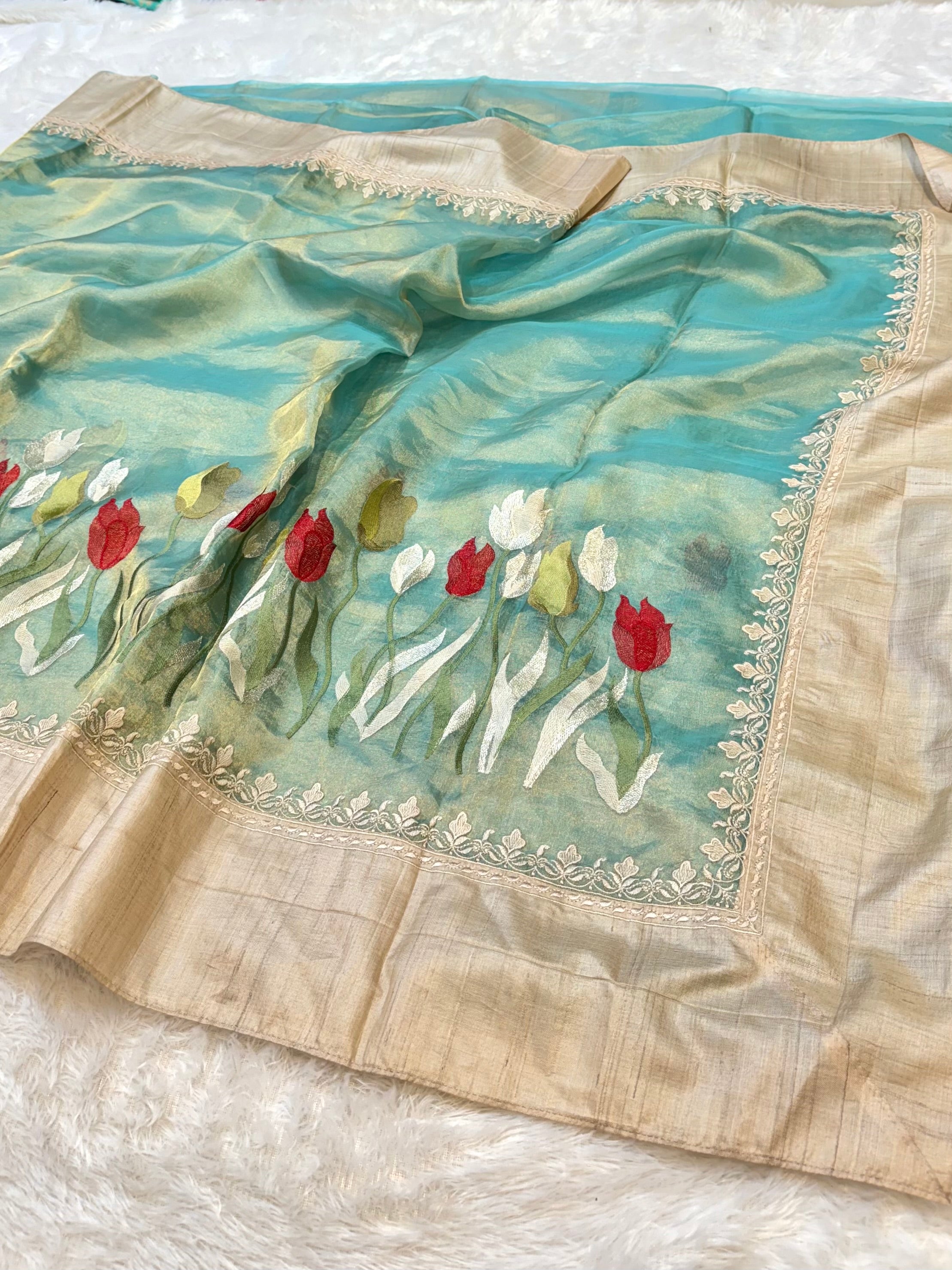 Diamond Blue 100% Pure Handloom Tissue Silk Partywear Banarasi Embroidery Lightweight Sarees