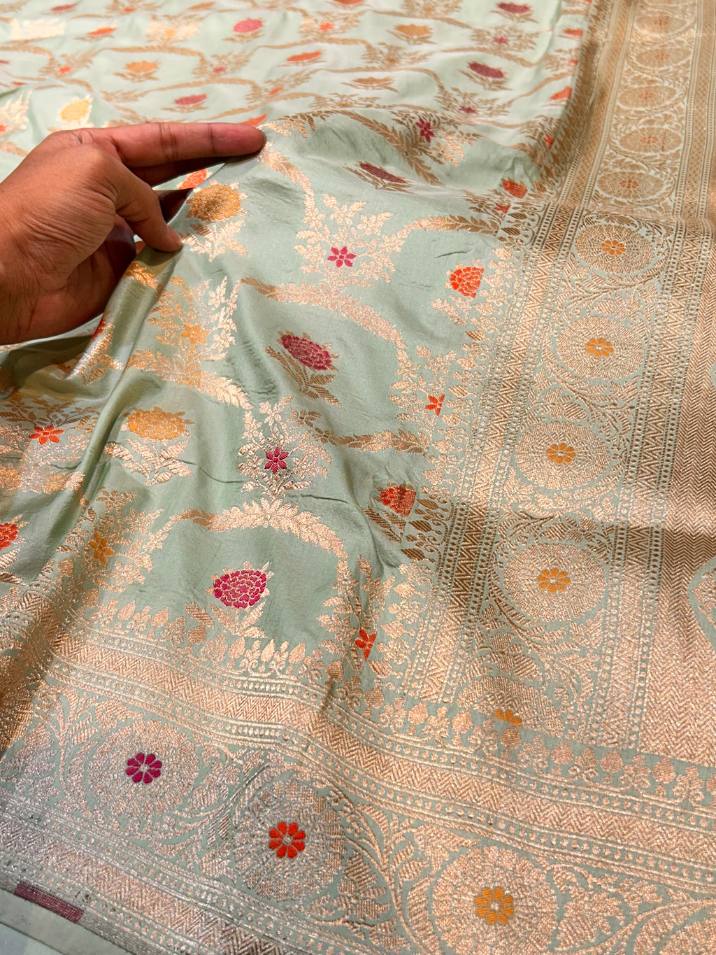 Cyan Blue 100% Pure Banarasi Katan Silk Meenakari Saree
