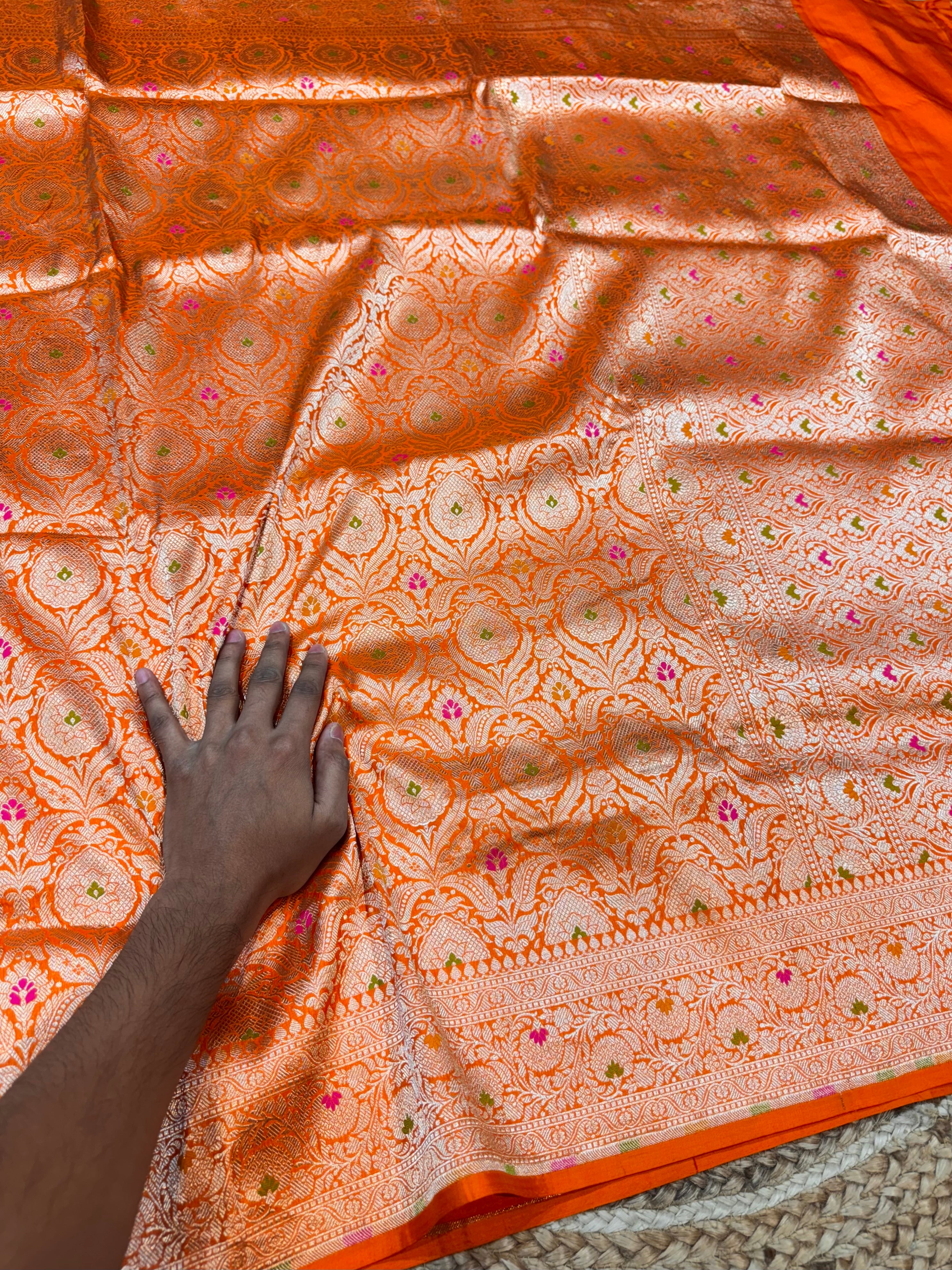 Prebook | Fanta Orange 100% Pure Banarasi Katan Silk Meenakari Brocade Saree