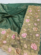 Bottle Green Tissue Silk Partywear Banarasi Embroidery Tissue Border Lightweight Sarees