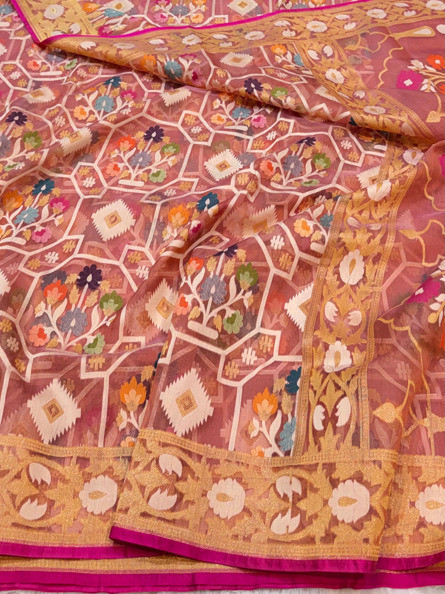 Pastel Peach 100% Pure Ektara Banarasi Kora Jamdani Saree
