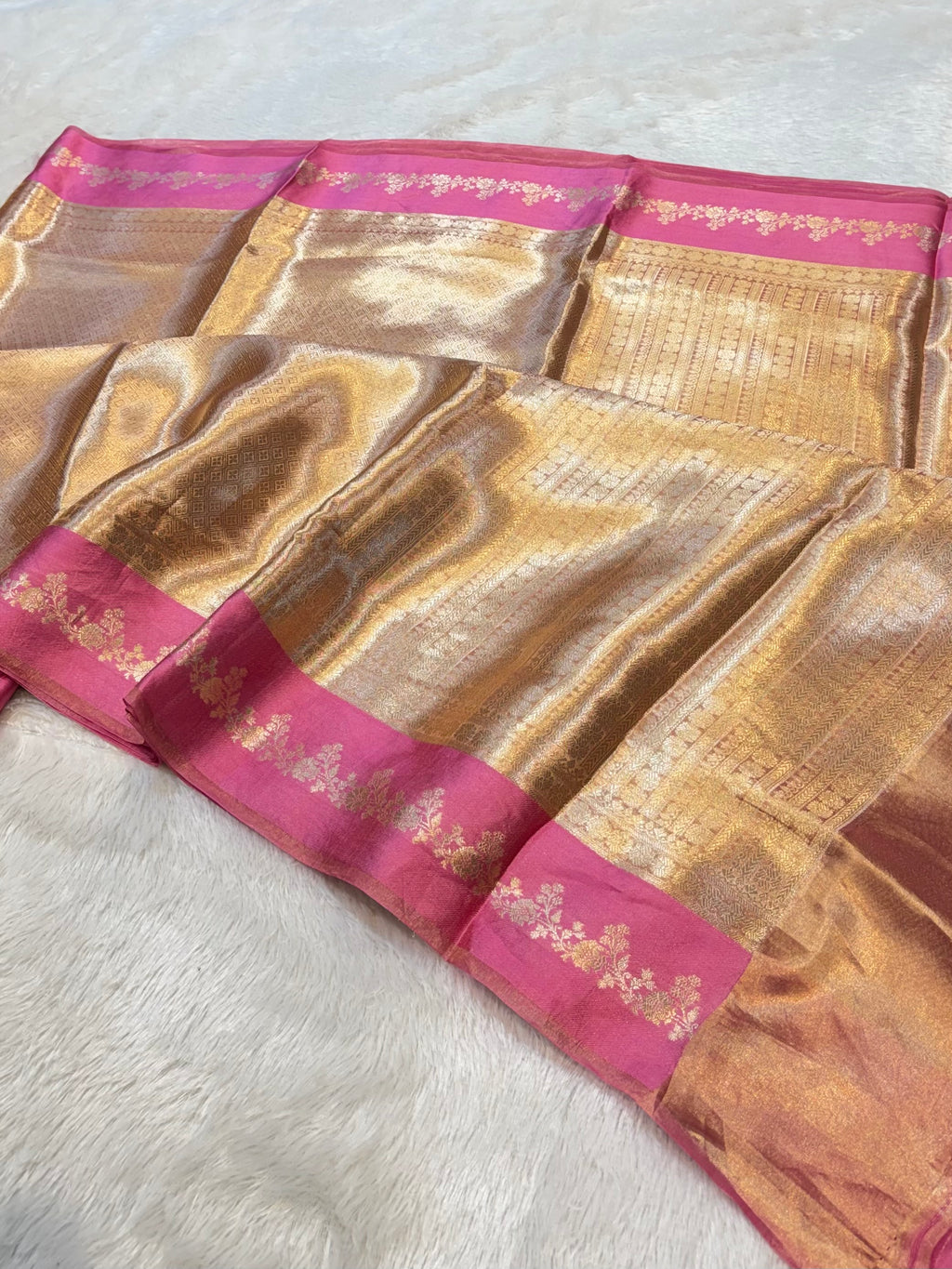 Baby Pink 100% Pure Banarasi Molten Tissue Silk Brocade Saree