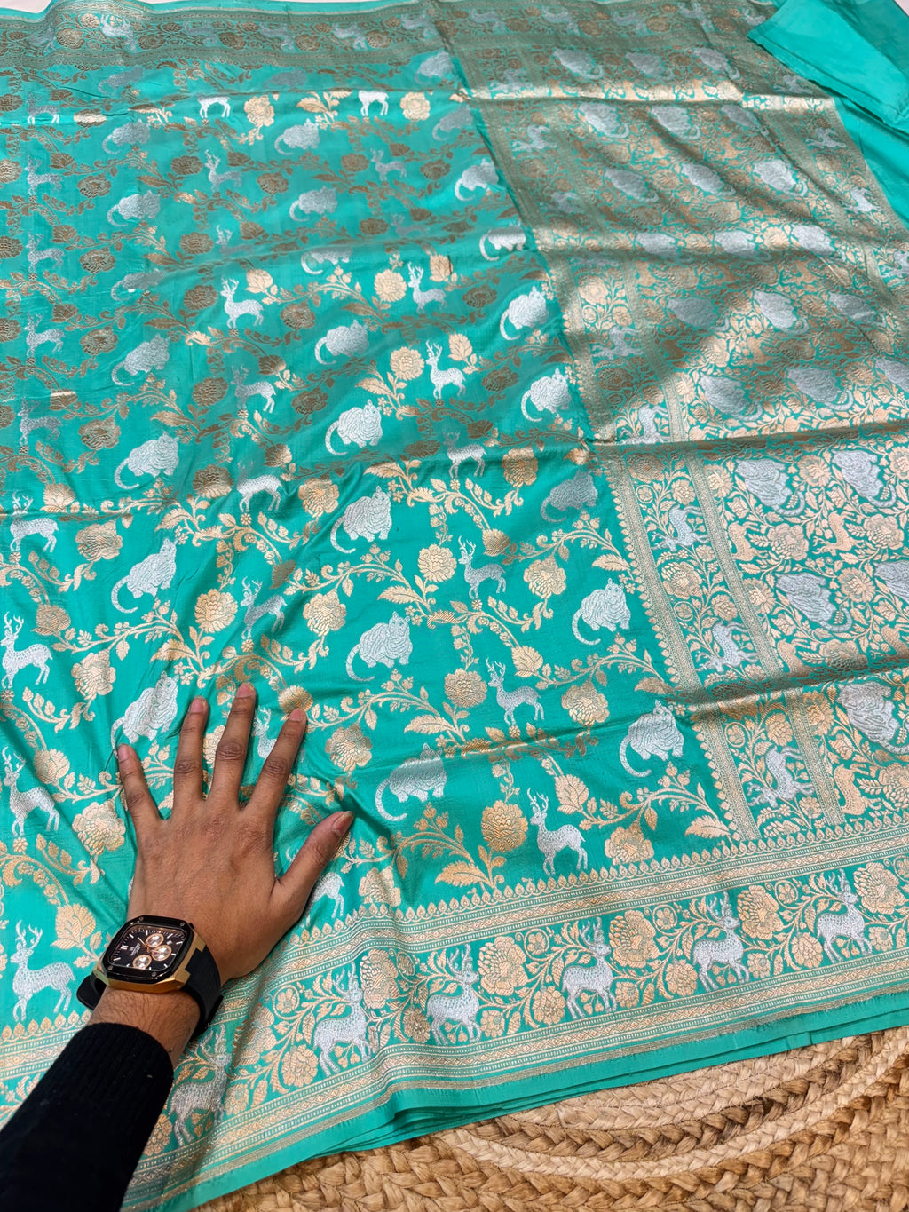 Cyan Blue 100% Pure Banarasi Katan Silk Meenakari Saree