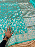 Cyan Blue 100% Pure Banarasi Katan Silk Meenakari Saree