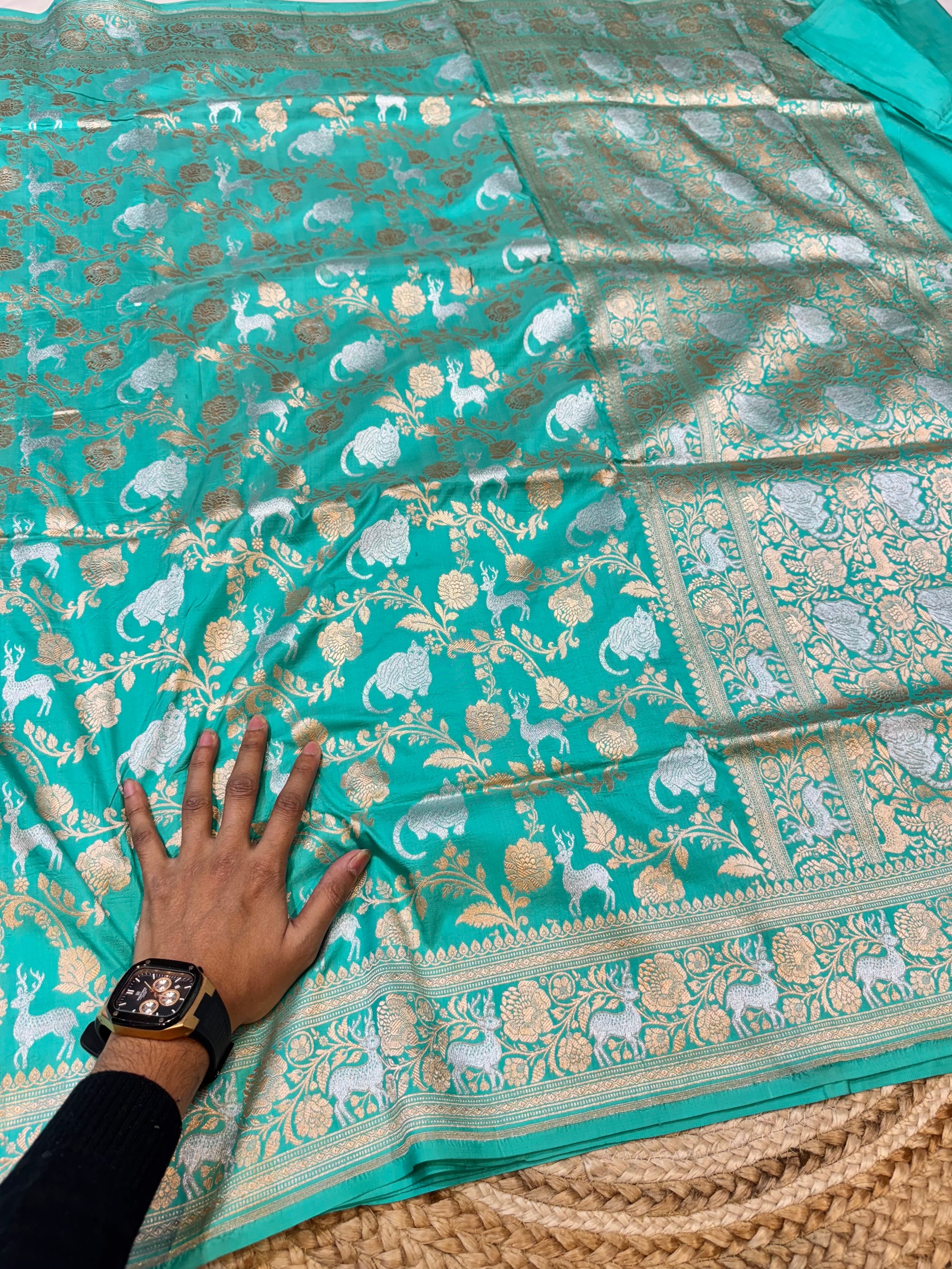 Cyan Blue 100% Pure Banarasi Katan Silk Meenakari Saree