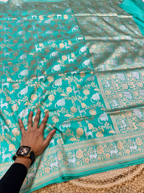 Cyan Blue 100% Pure Banarasi Katan Silk Meenakari Saree