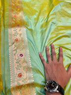 Prebook | Dual Shade Green-Yellow 100% Pure Banarasi Katan Silk Meenakari Saree