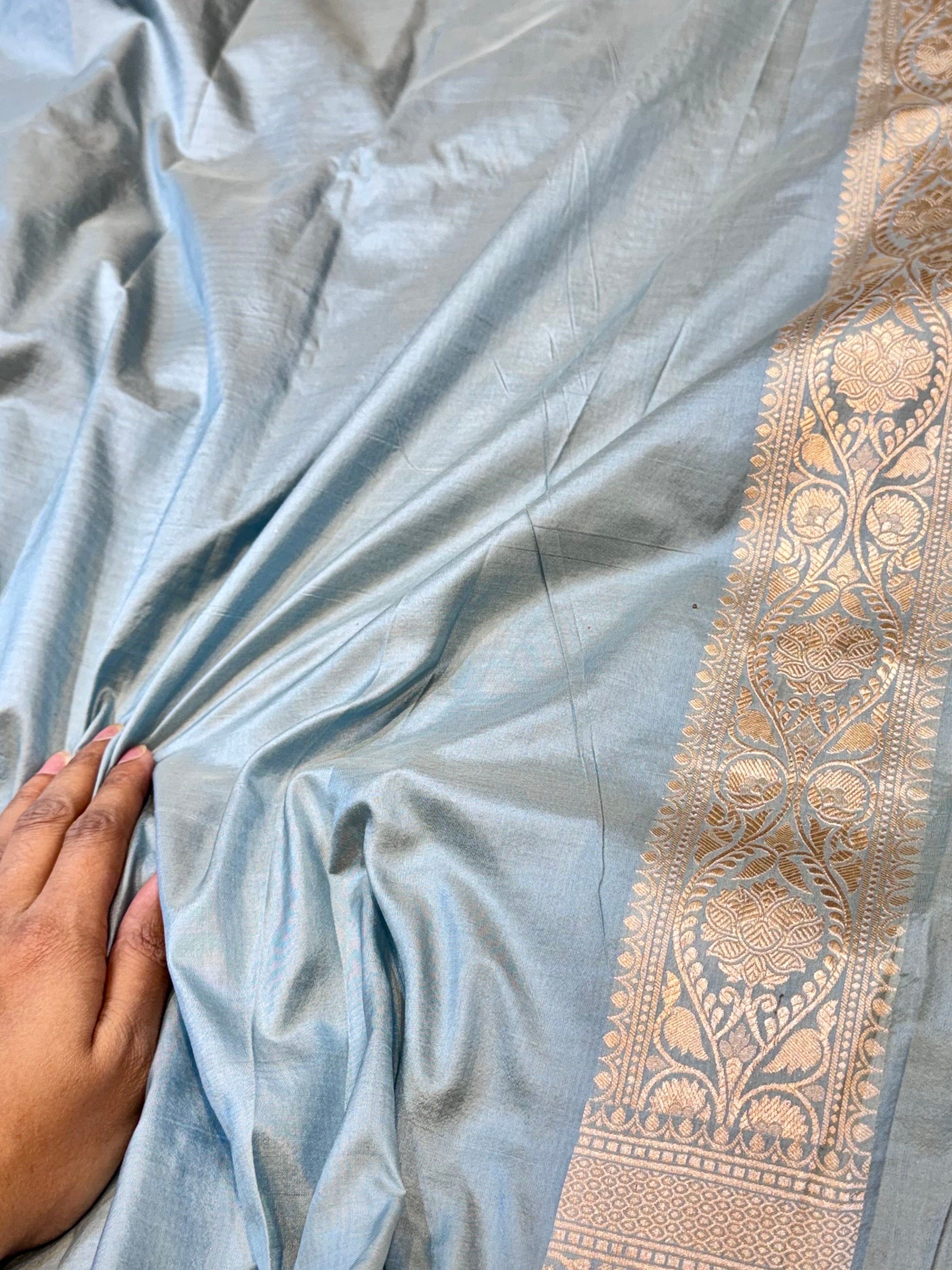 Powder Blue 100% Pure Banarasi Katan Silk Saree