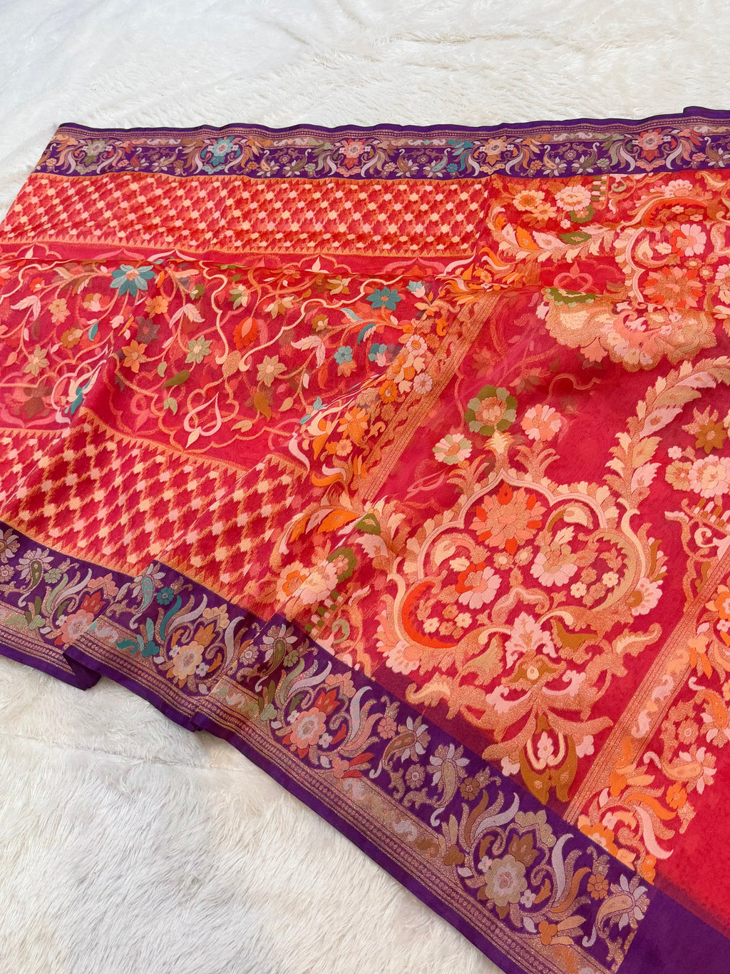 Strawberry Pink Pure Handloom Banarasi Ektara Kora Jamdani Saree