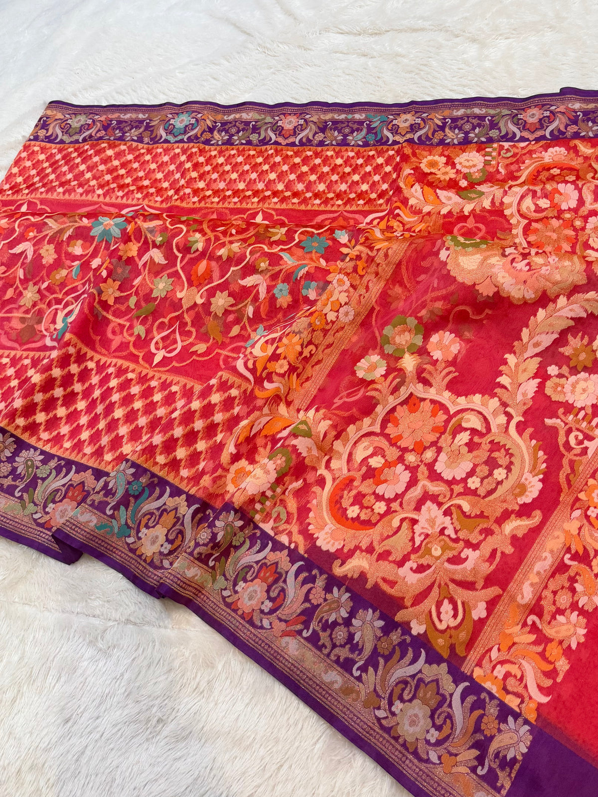 Strawberry Pink Pure Handloom Banarasi Ektara Kora Jamdani Saree