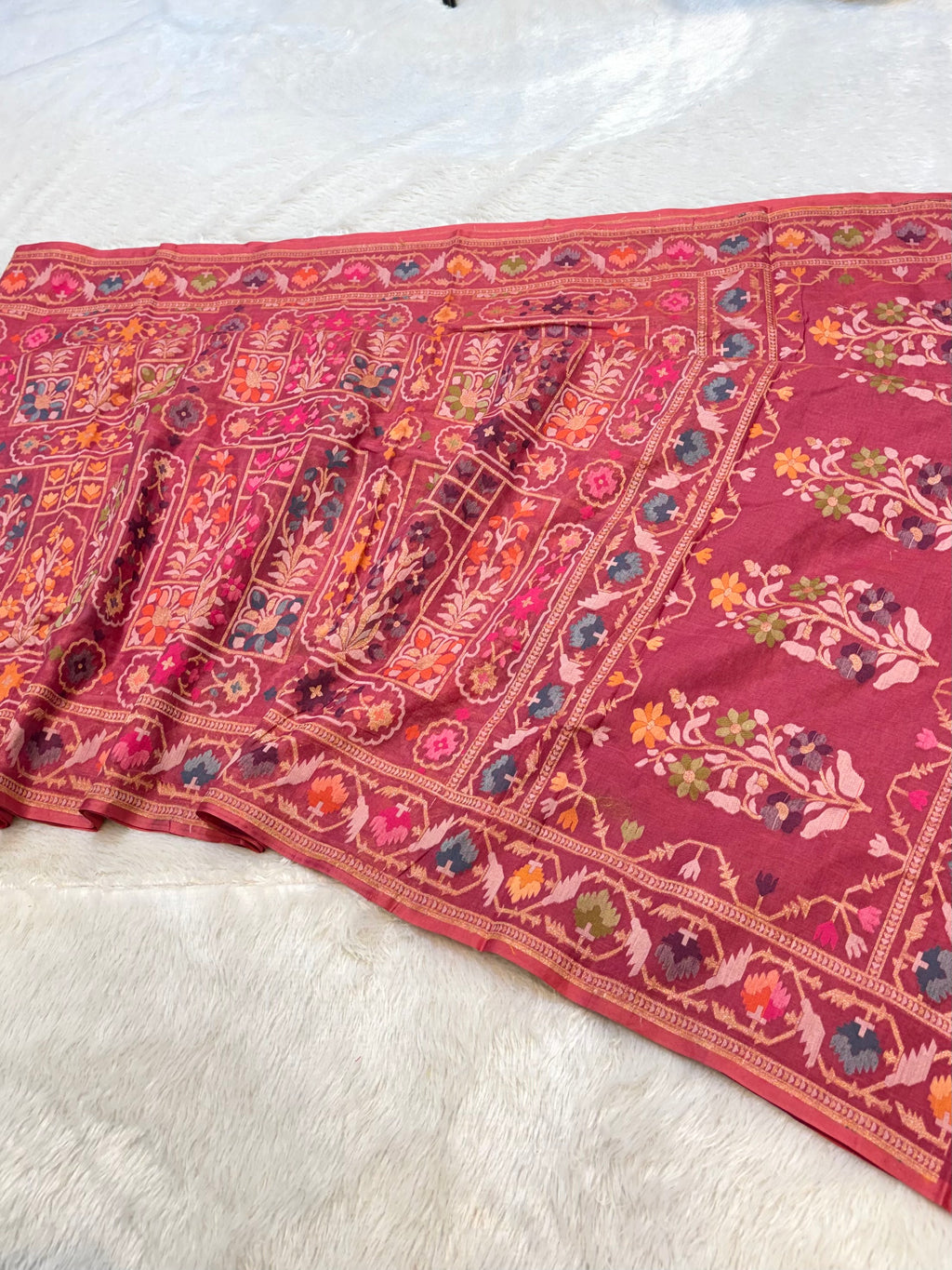 Rose Gold 100% Pure Ektara Banarasi Cotton Jamdani Saree