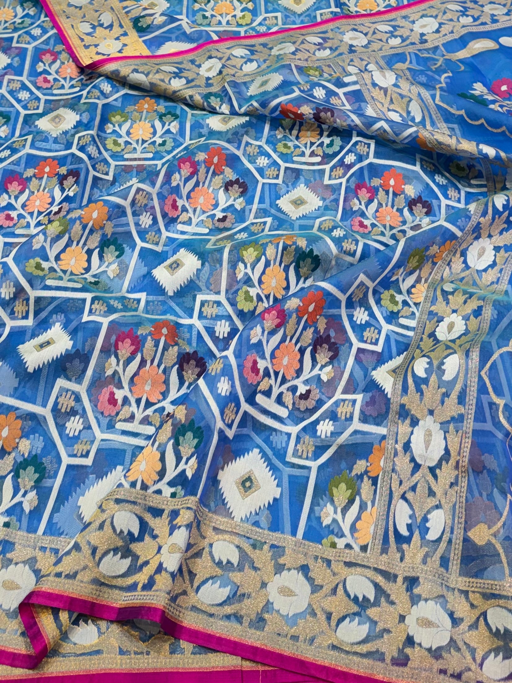 Blue 100% Pure Ektara Banarasi Kora Jamdani Saree