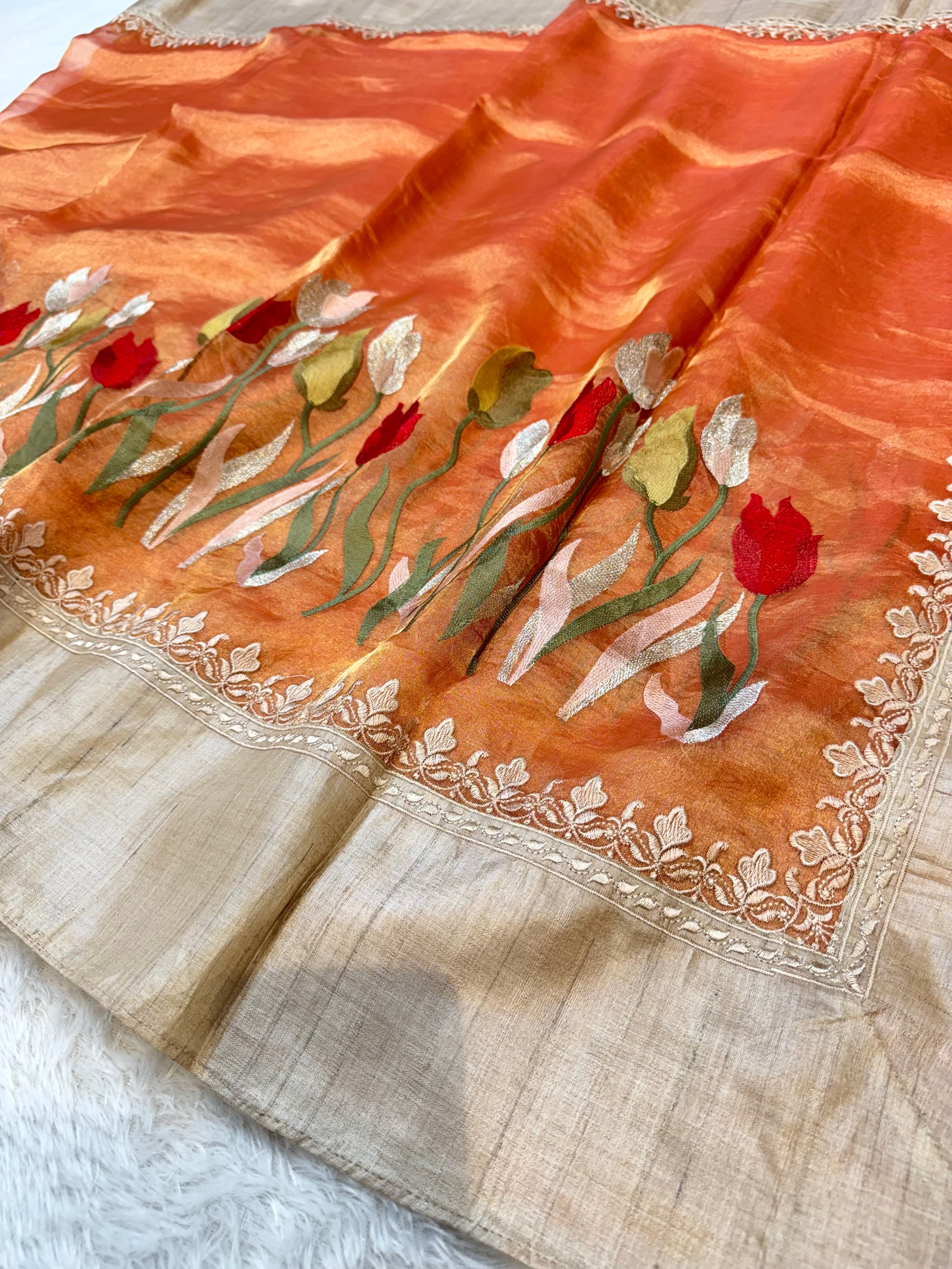 Diamond Peach 100% Pure Handloom Tissue Silk Partywear Banarasi Embroidery Lightweight Sarees