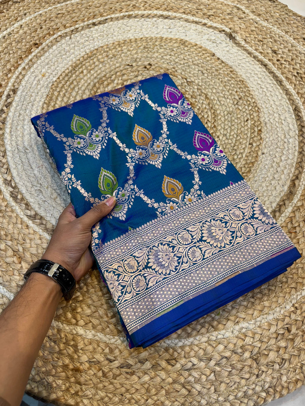 Dual shade Peacock Blue 100% Pure Banarasi Katan Silk Meenakari Saree