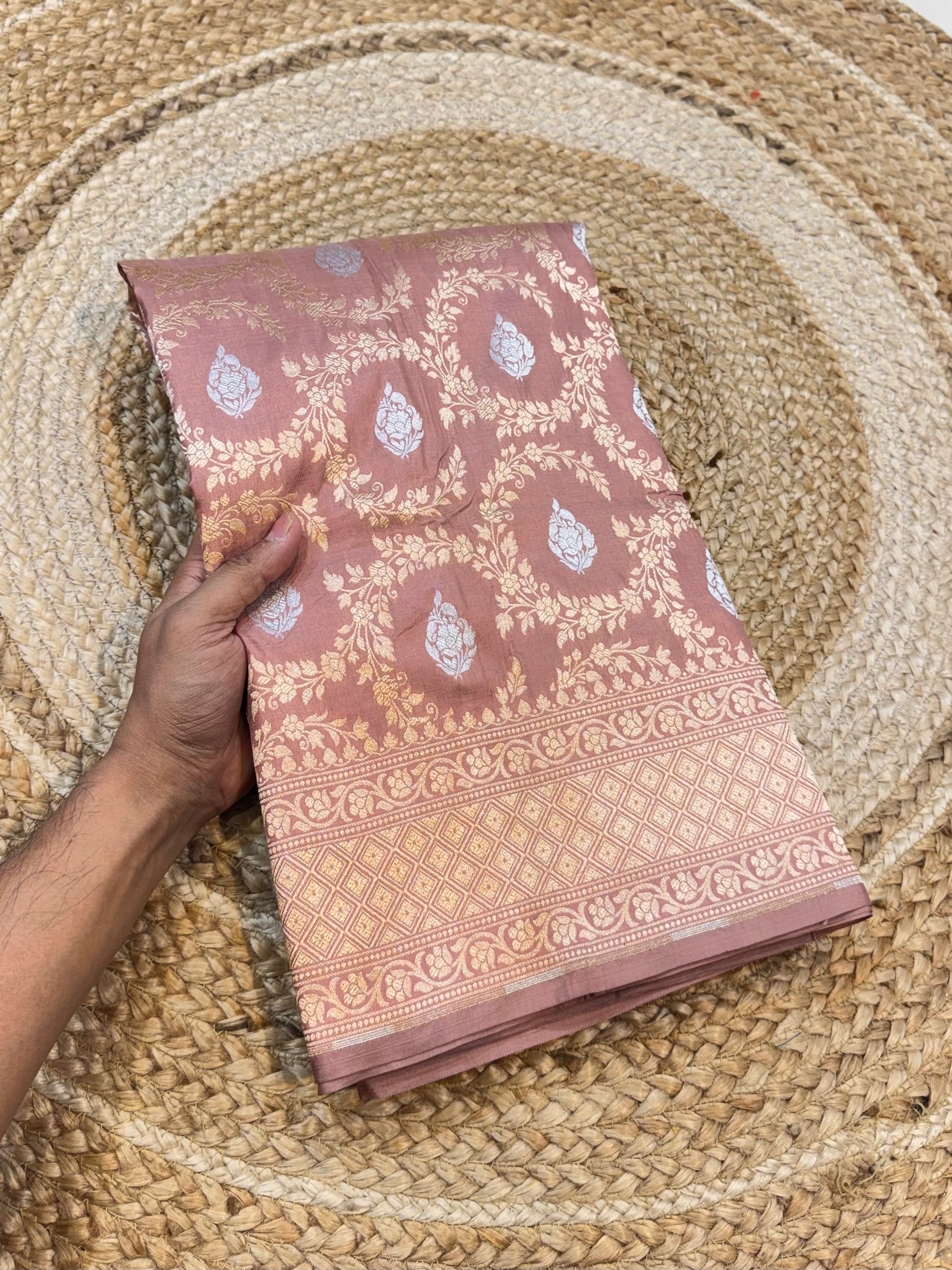 Beige 100% Pure Banarasi Katan Silk Meenakari Saree
