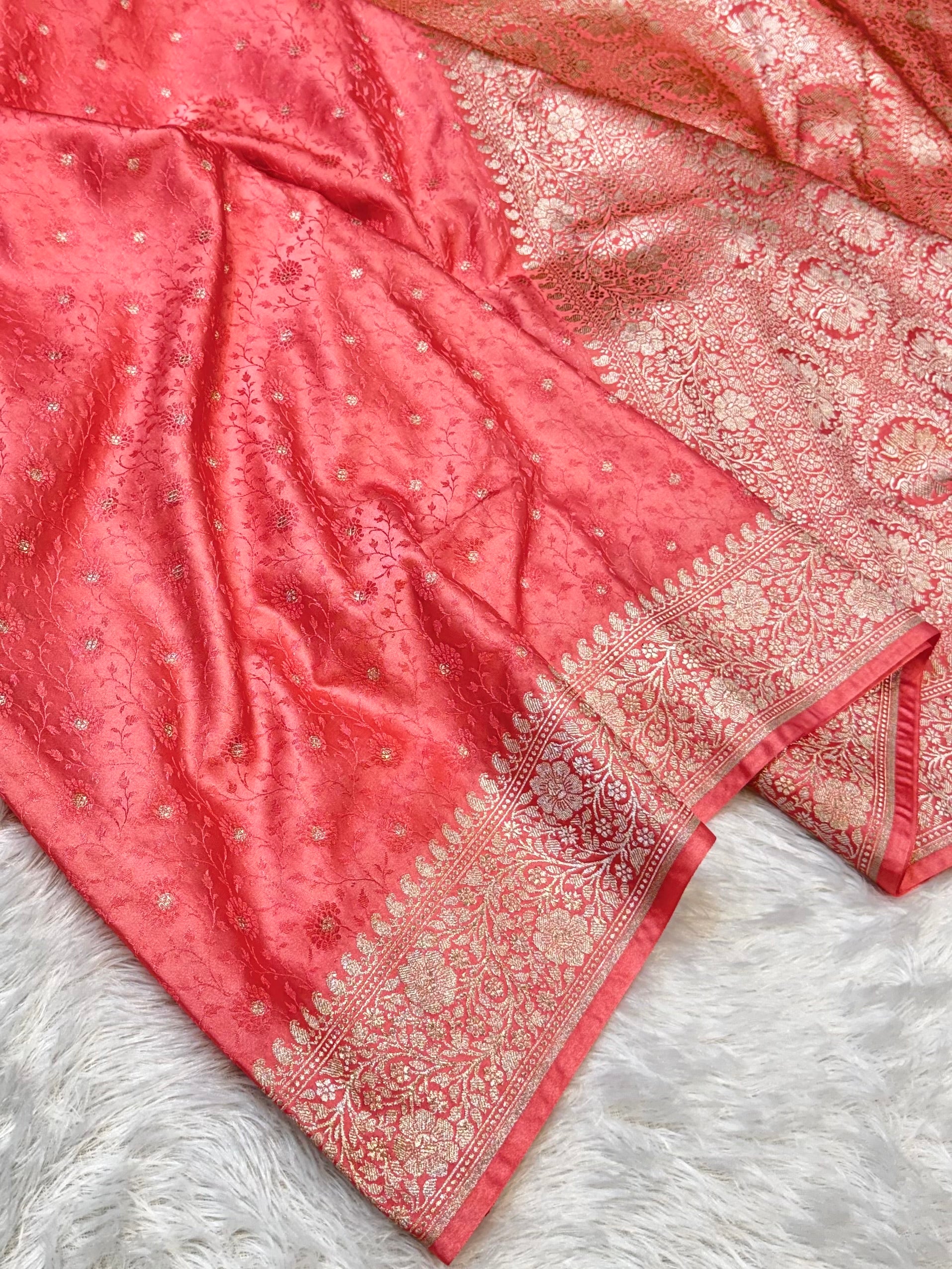 Peach Banarasi Soft Meenakari Mashru Silk Partywear Saree