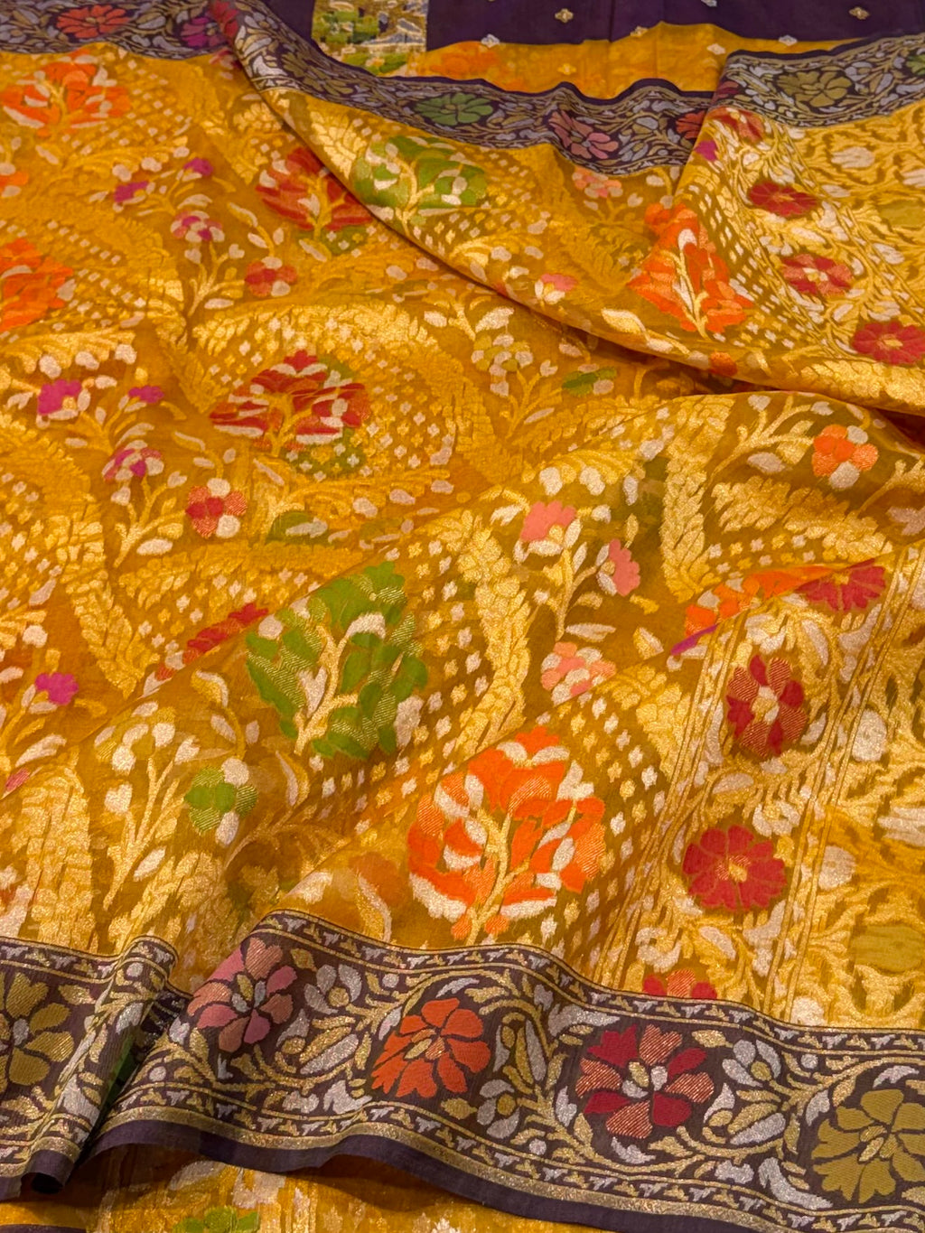 Prebook | Sunflower Yellow 100% Pure Ektara Banarasi Kora Jamdani Saree