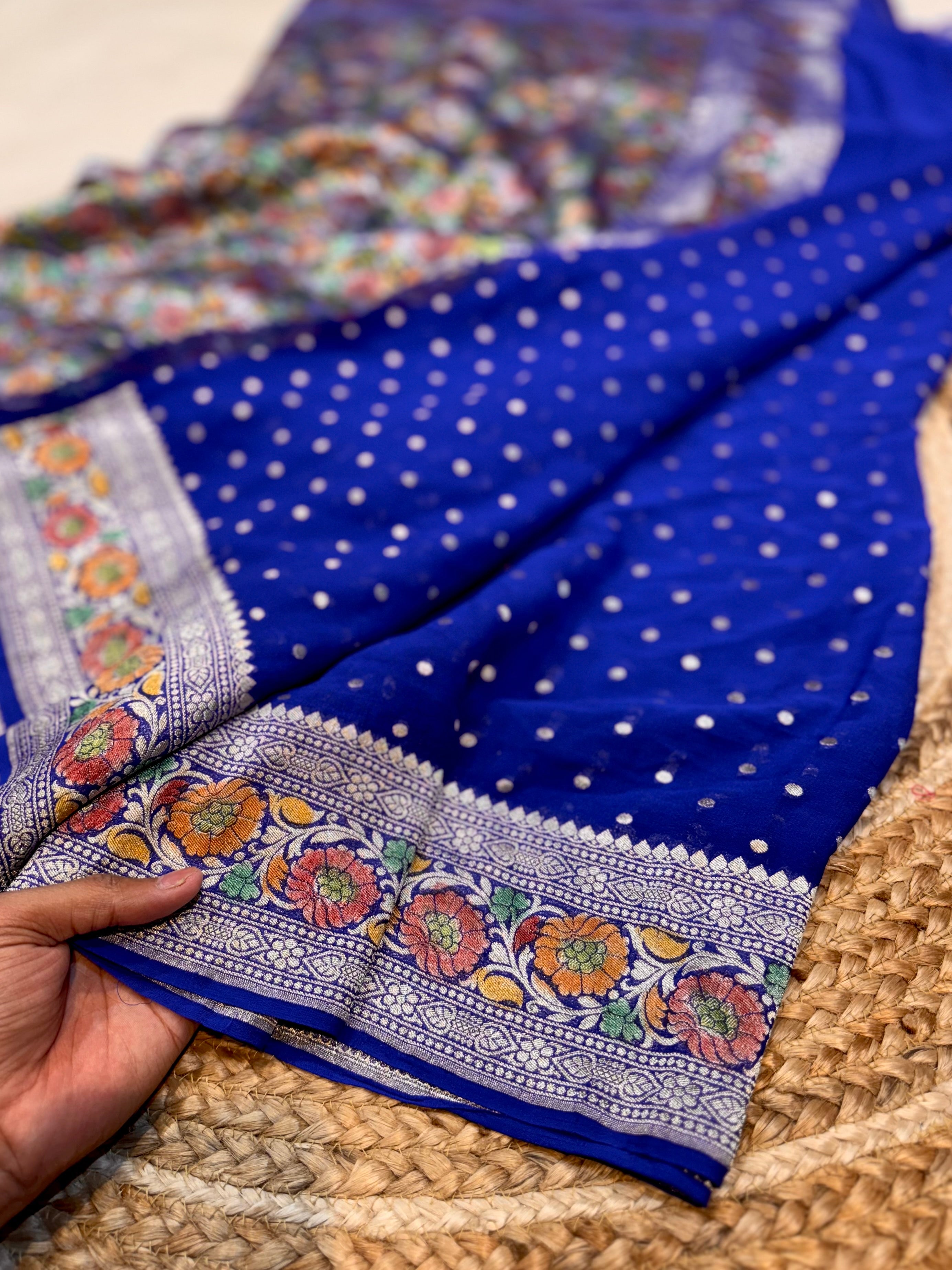 Royal Blue 100% Pure Banarasi Khaddi Georgette Meenakari Saree