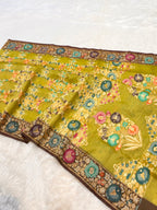 Pista Green 100% Pure Ektara Banarasi Kora Jamdani Saree
