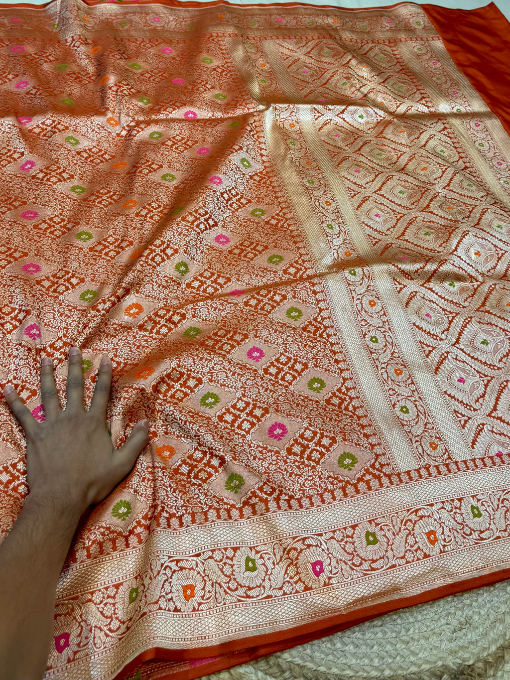 Rust Orange 100% Pure Banarasi Katan Silk Meenakari Brocade Saree