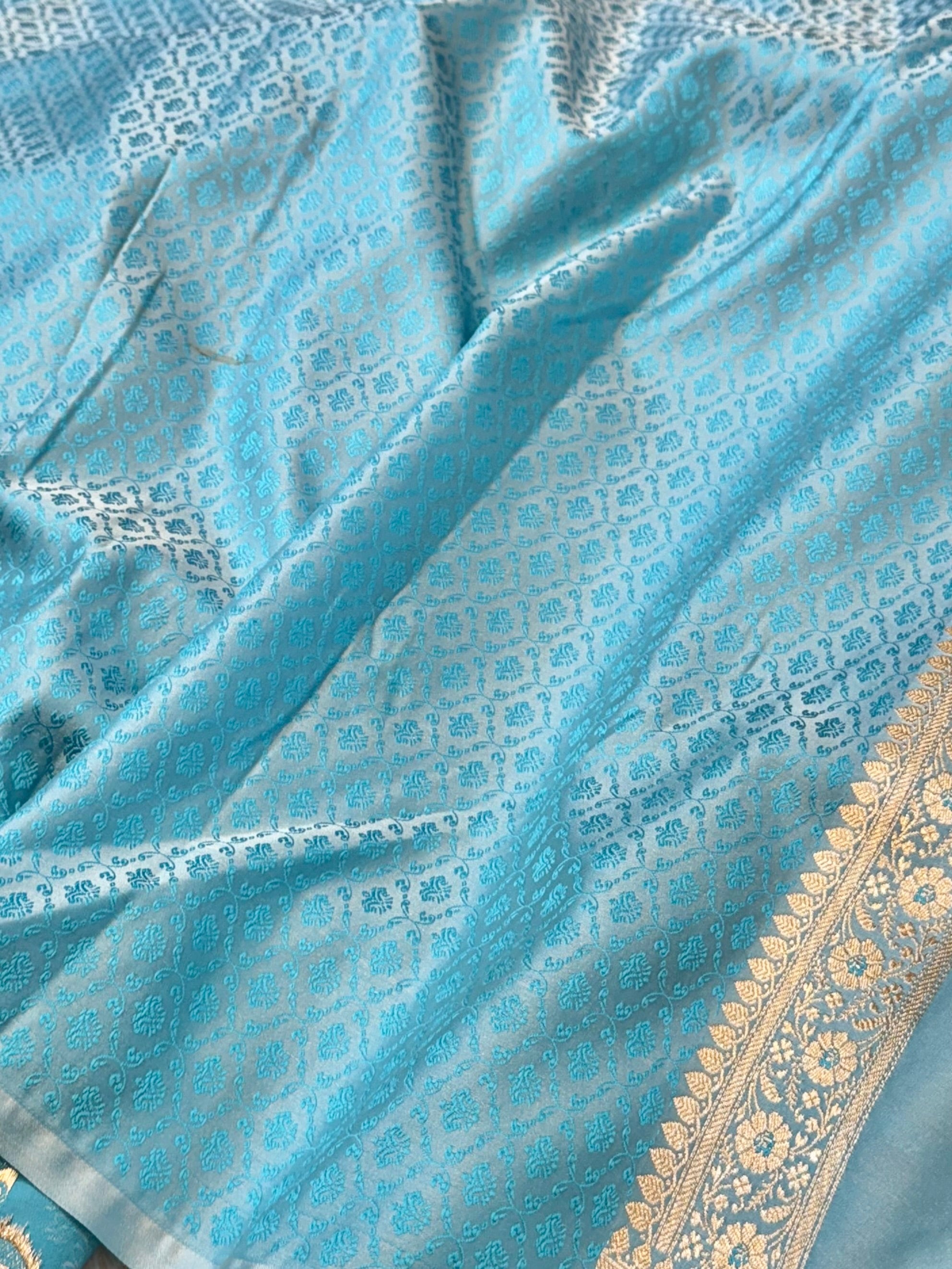 Sky Blue Banarasi Soft Mashru Silk Partywear Meenakari Saree