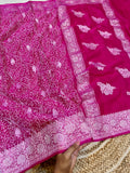 Magenta Pink 100% Pure Khaddi Georgette Silver Zari ChikanKari Handloom Saree