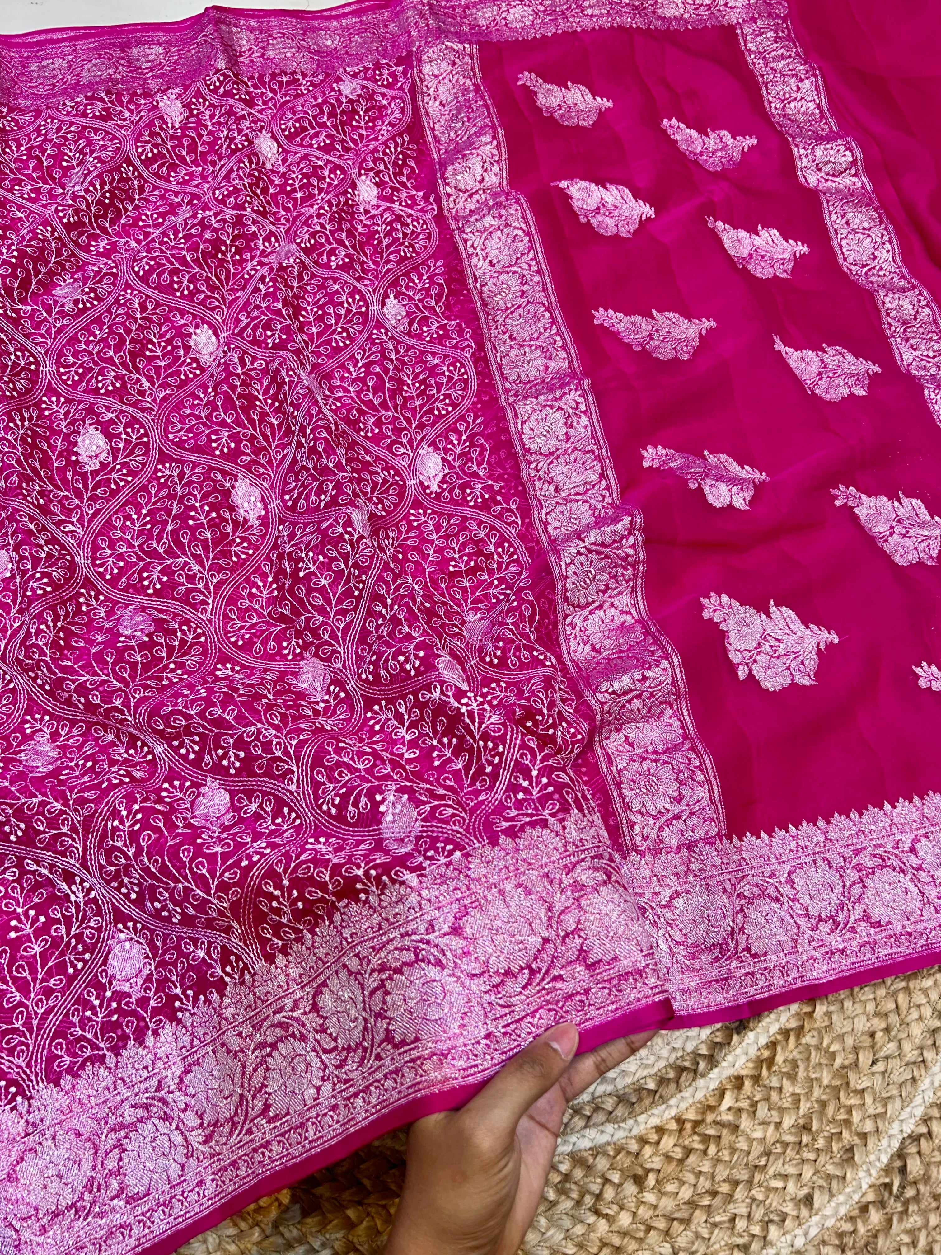 Magenta Pink 100% Pure Khaddi Georgette Silver Zari ChikanKari Handloom Saree