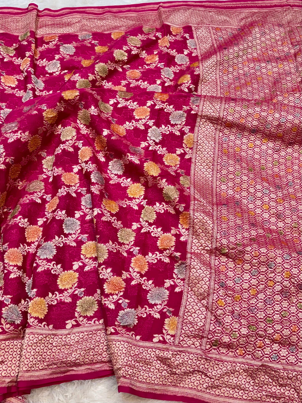 Rani Pink 100% Pure Banarasi Khaddi Georgette Meenakari Saree