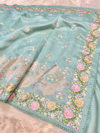 Blue Tussar Silk Partywear Banarasi Embroidery with Tissue Applique Lightweight Sarees