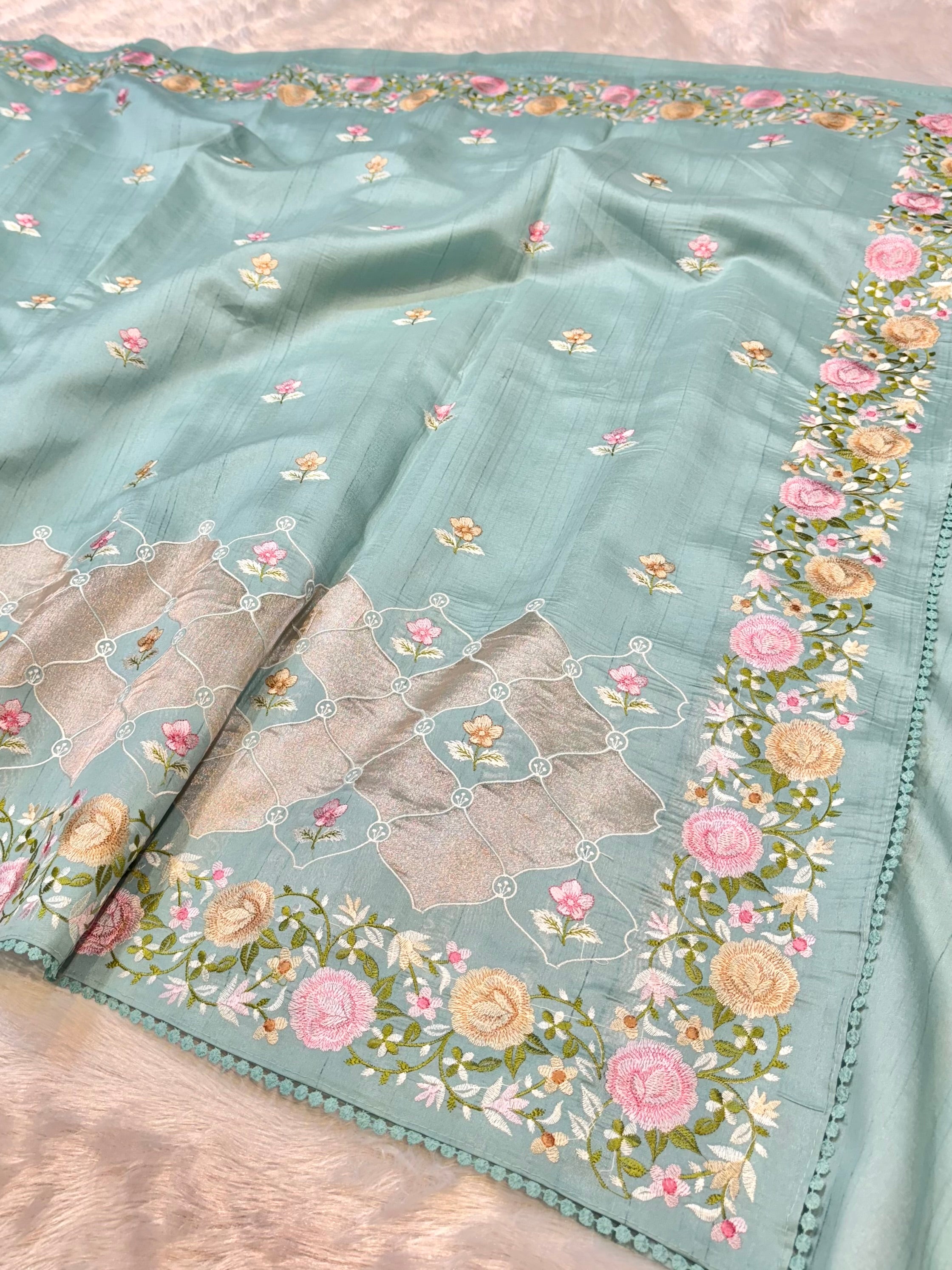 Blue Tussar Silk Partywear Banarasi Embroidery with Tissue Applique Lightweight Sarees