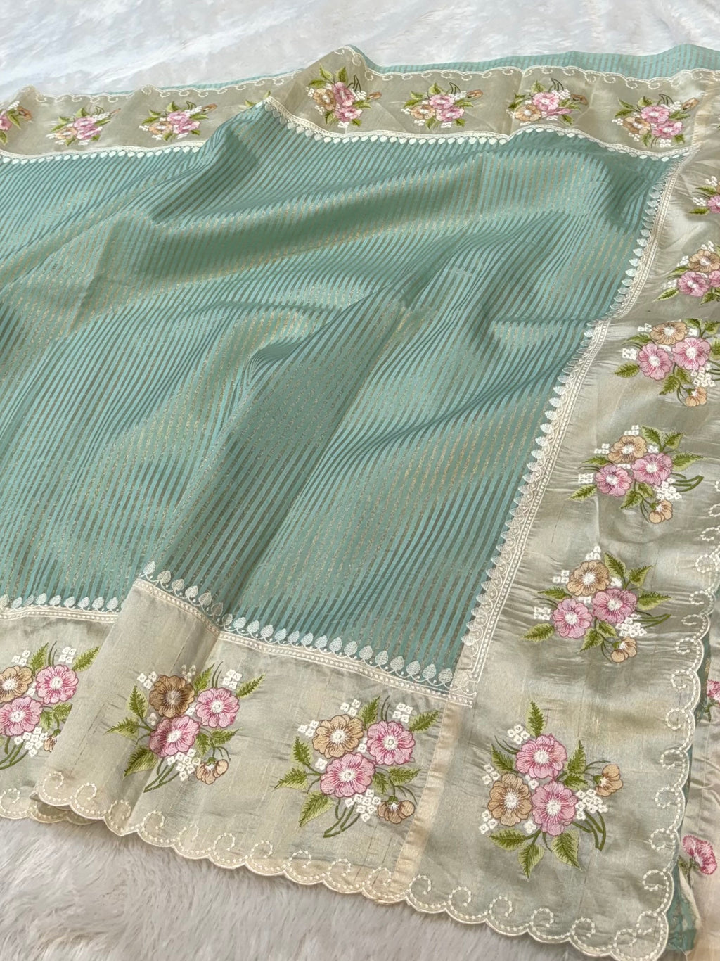 Sage Green Tissue Silk Partywear Banarasi Embroidery Tissue Border Lightweight Sarees