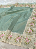 Sage Green Tissue Silk Partywear Banarasi Embroidery Tissue Border Lightweight Sarees
