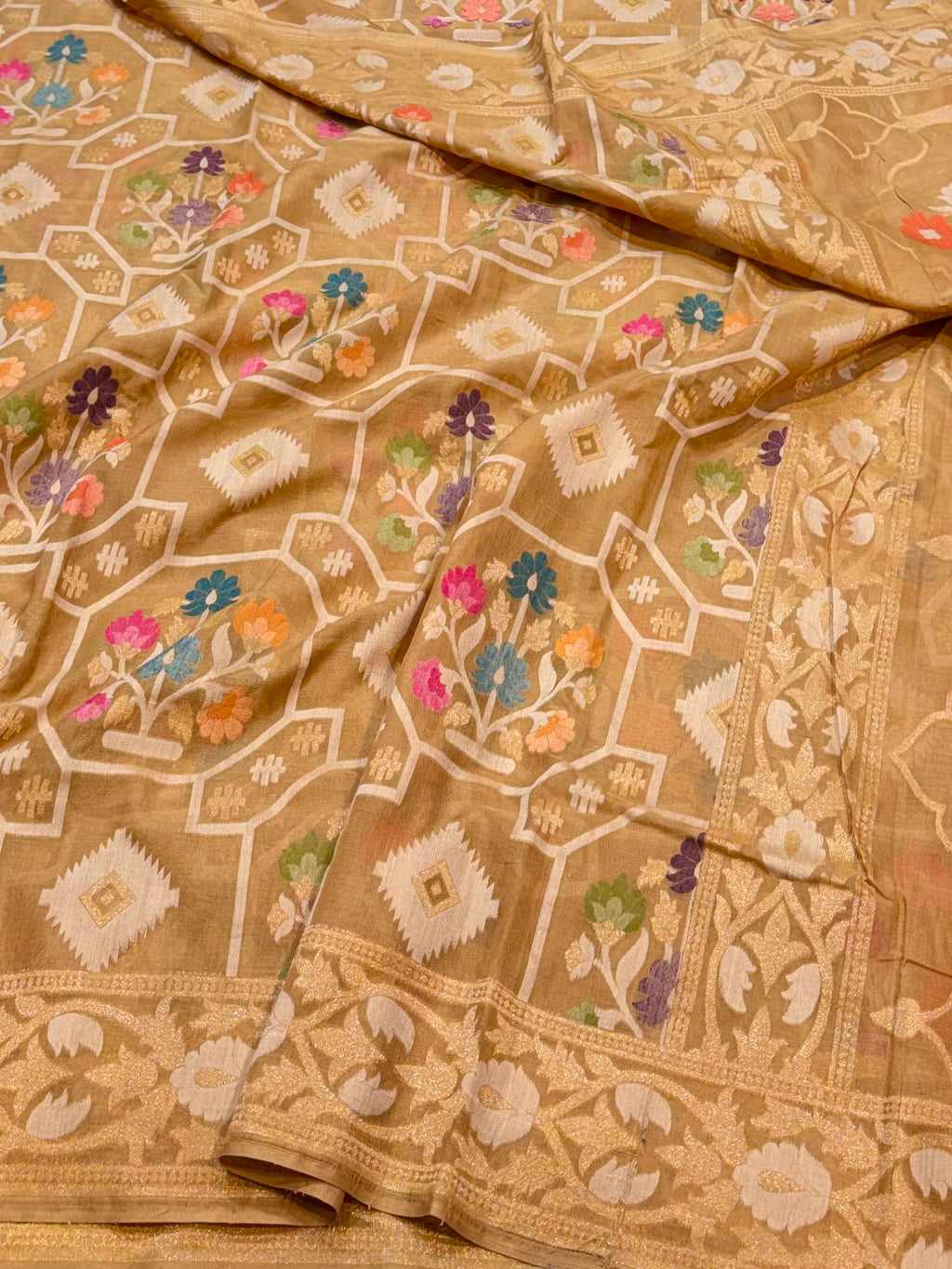 Beige 100% Pure Ektara Banarasi Cotton Jamdani Saree