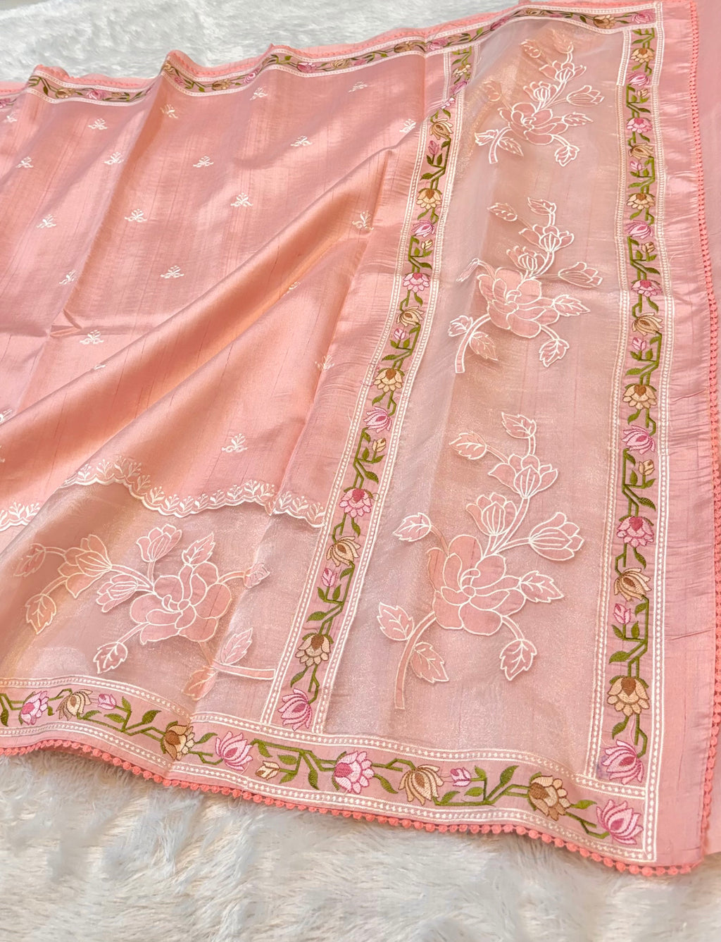 Peach Tussar Silk Partywear Banarasi Embroidery with Tissue Applique Lightweight Sarees