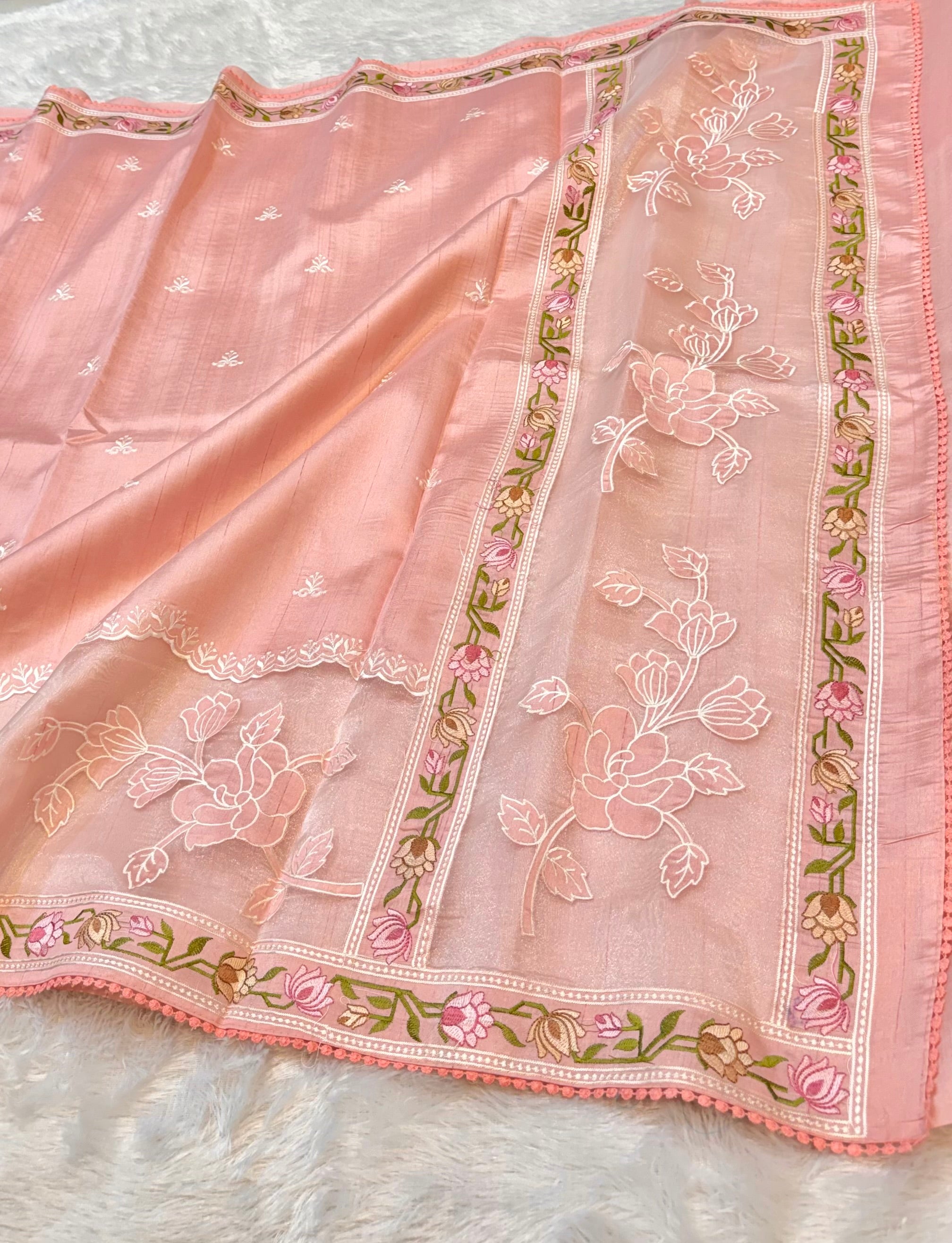 Peach Tussar Silk Partywear Banarasi Embroidery with Tissue Applique Lightweight Sarees