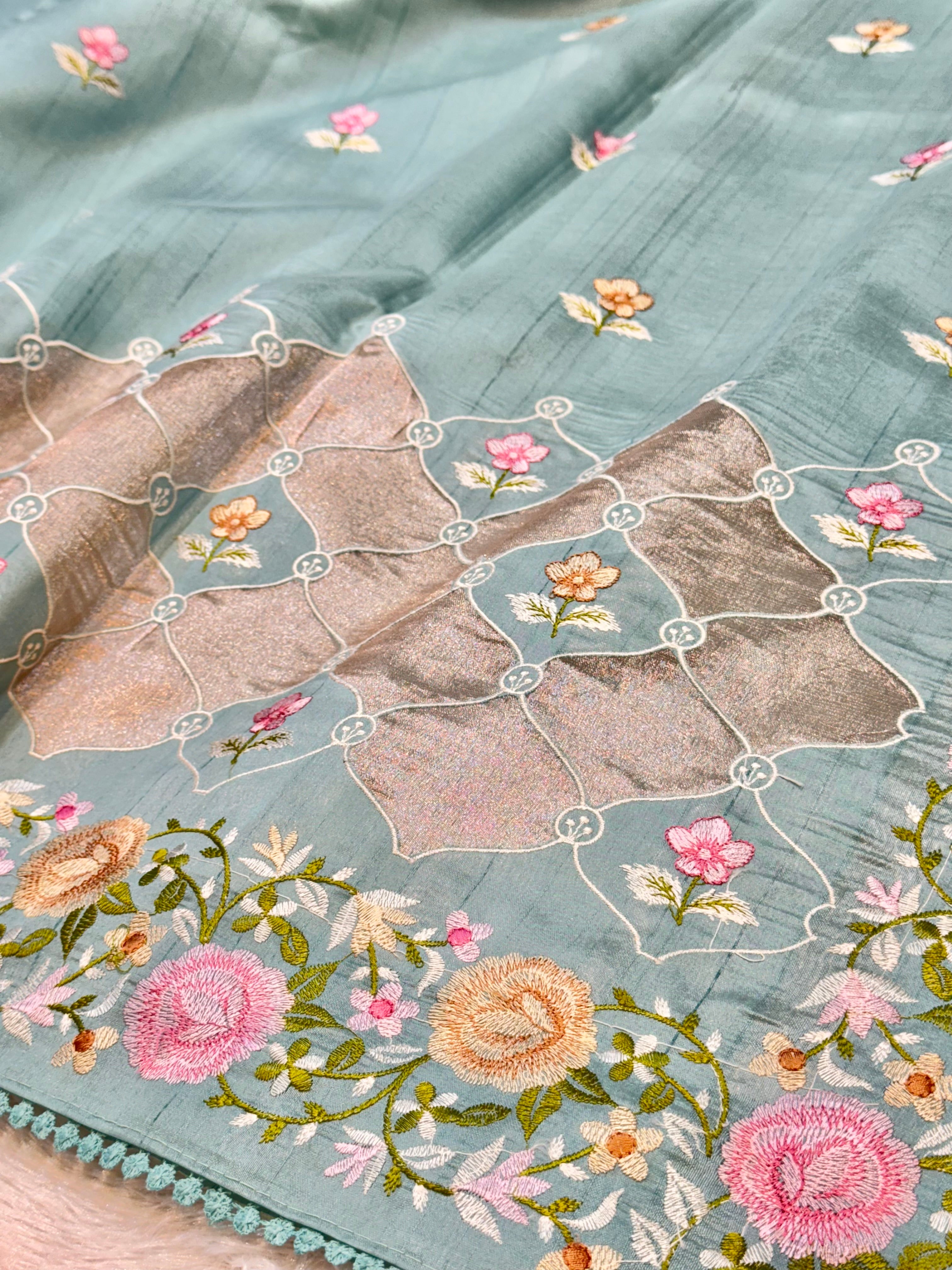 Blue Tussar Silk Partywear Banarasi Embroidery with Tissue Applique Lightweight Sarees