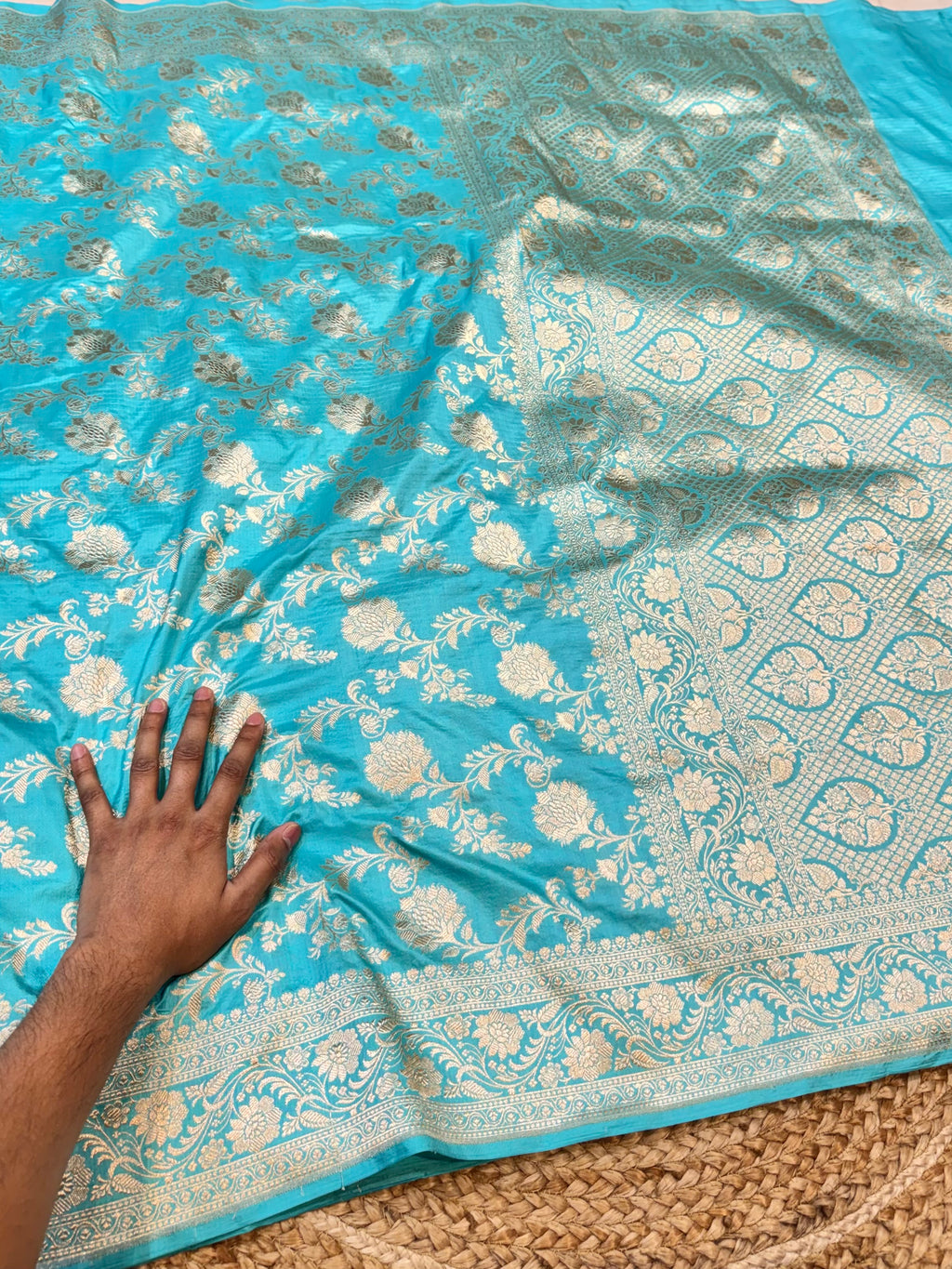 Cyan Blue 100% Pure Banarasi Katan Silk Saree