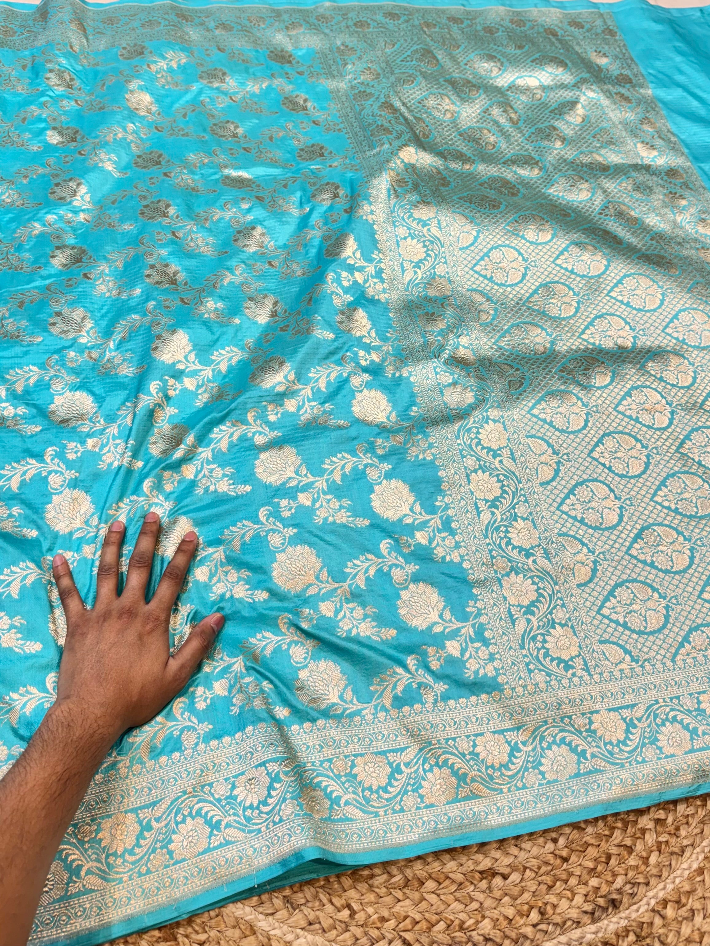 Cyan Blue 100% Pure Banarasi Katan Silk Saree