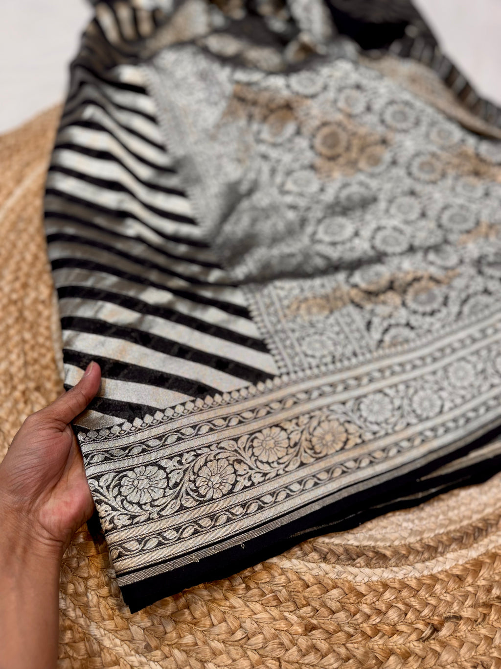 Black 100% Pure Banarasi Khaddi Georgette Stripes Saree