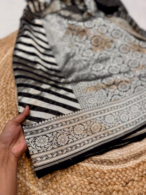 Black 100% Pure Banarasi Khaddi Georgette Stripes Saree