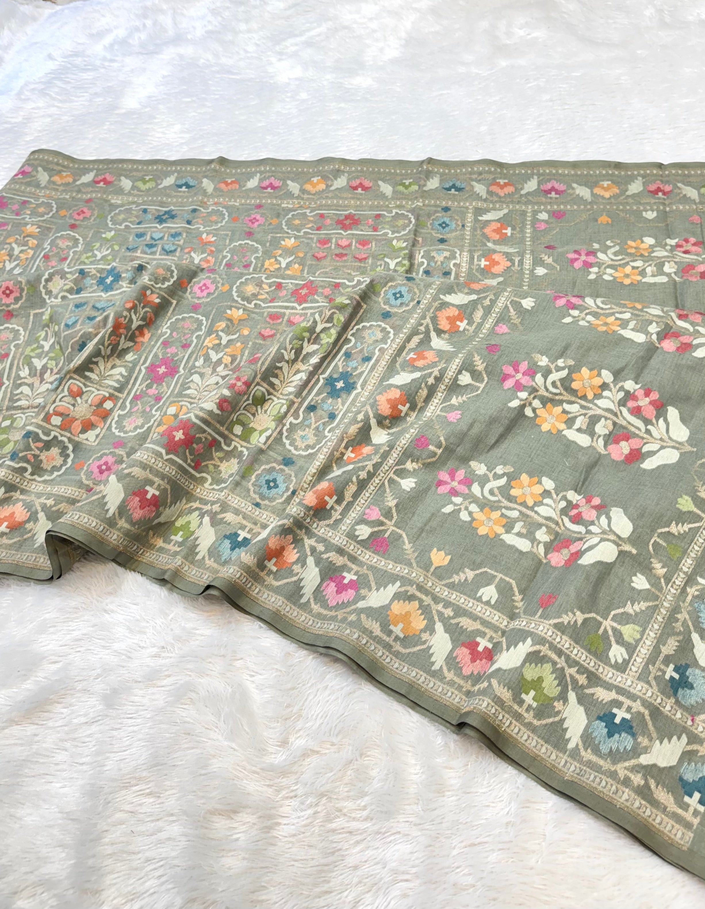 Prebook | Dusty Grey 100% Pure Ektara Banarasi Cotton Jamdani Saree