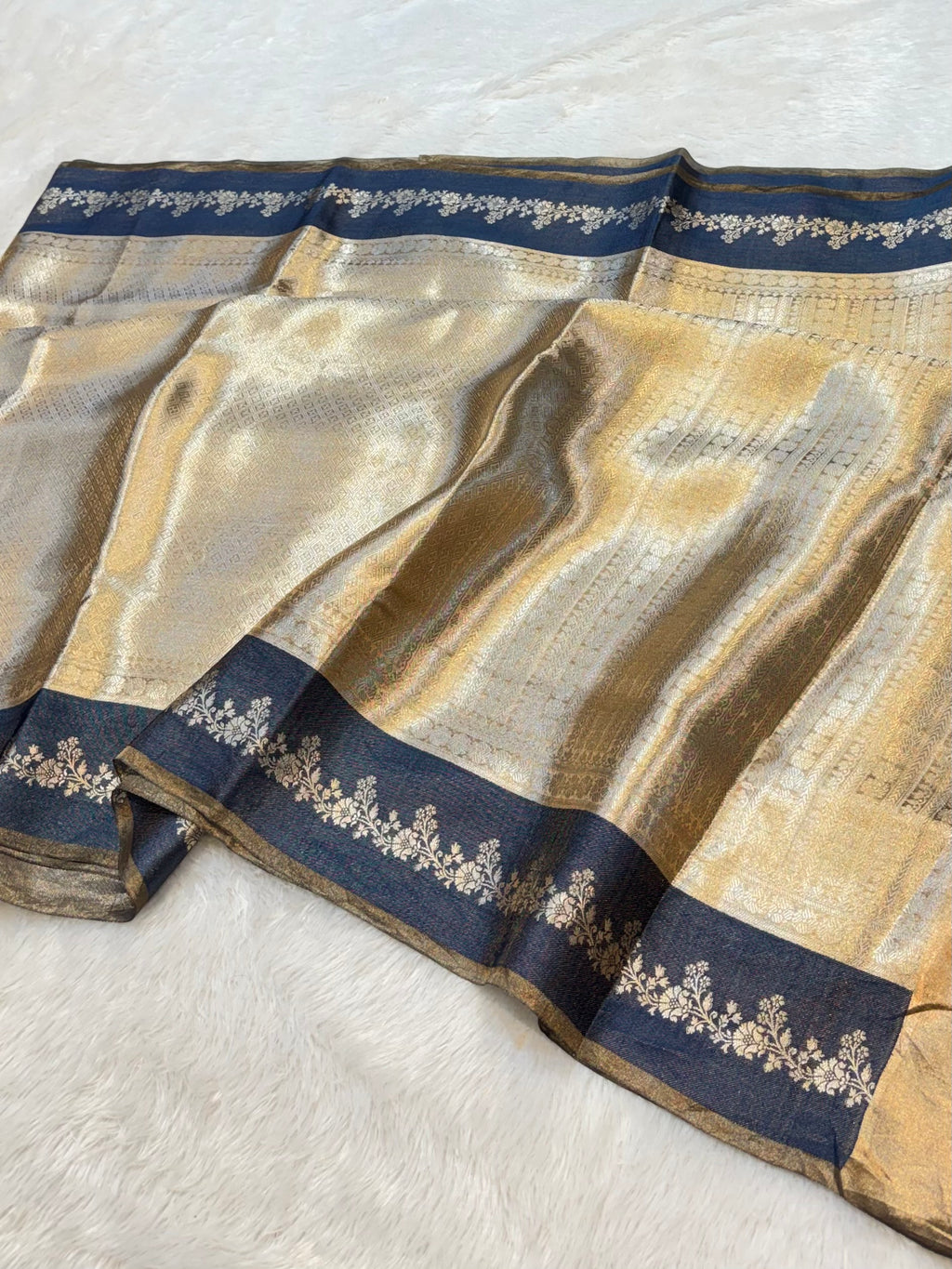 Navy Blue 100% Pure Banarasi Molten Tissue Silk Brocade Saree