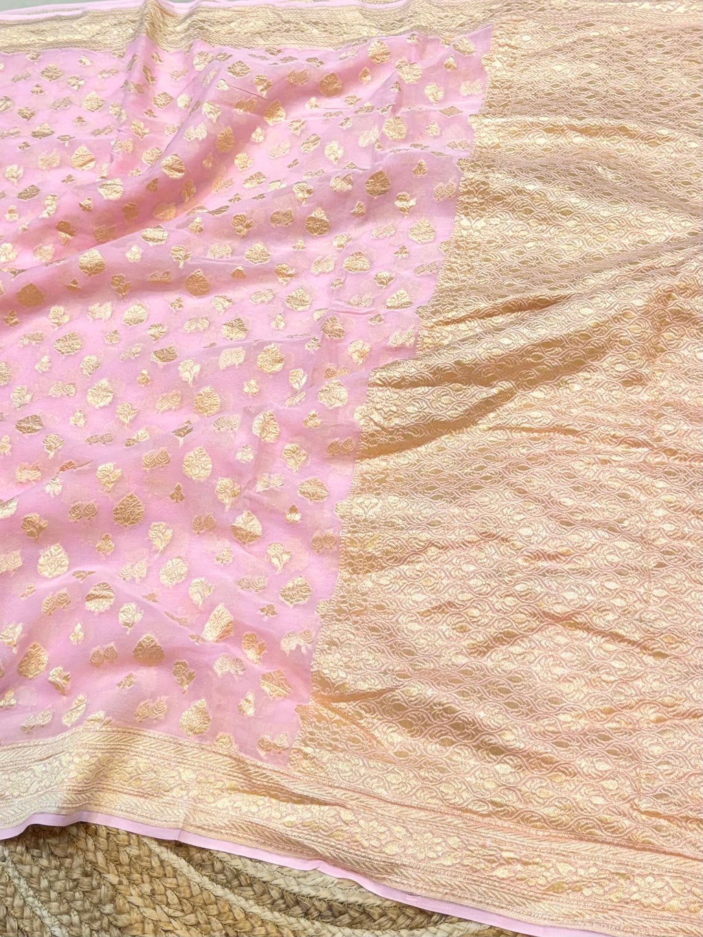 Baby Pink 100% Pure Banarasi Premium Khaddi Georgette Saree